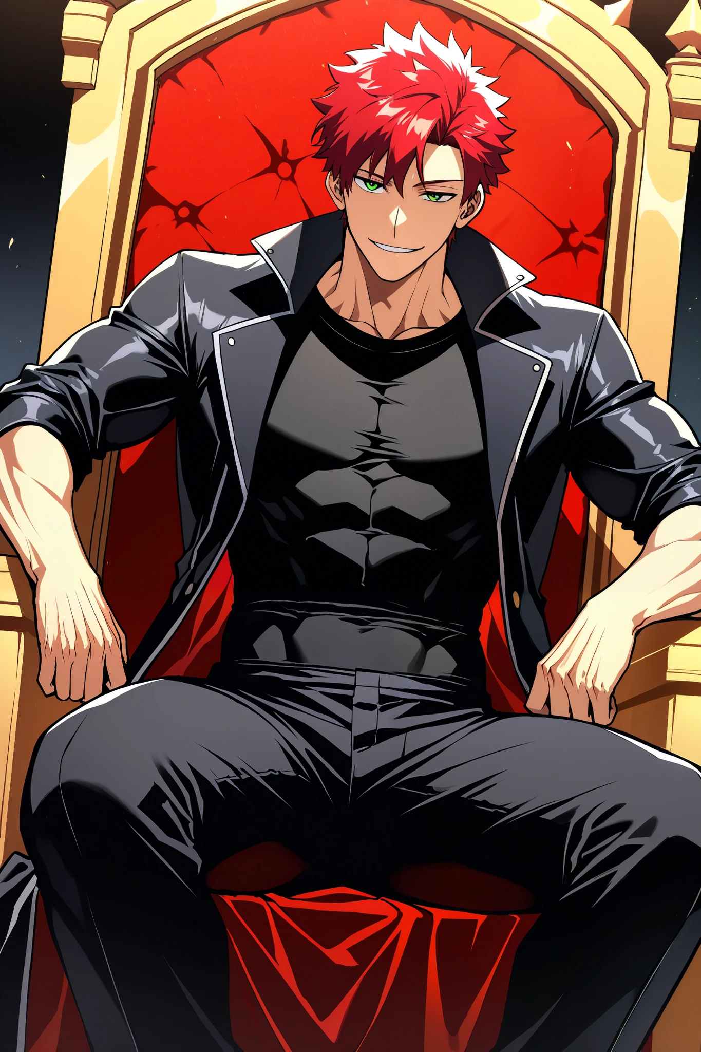 a boy, 1boy, solo, handsome, dynamic angle, charming, strong arms, muscles, long black coat, black t-shirt, t-shirt, compression shirt, pants, black pants, red hair, medium red hair, green eyes, seductive smile, sitting on a throne, king sitting pose, straight on angle shot