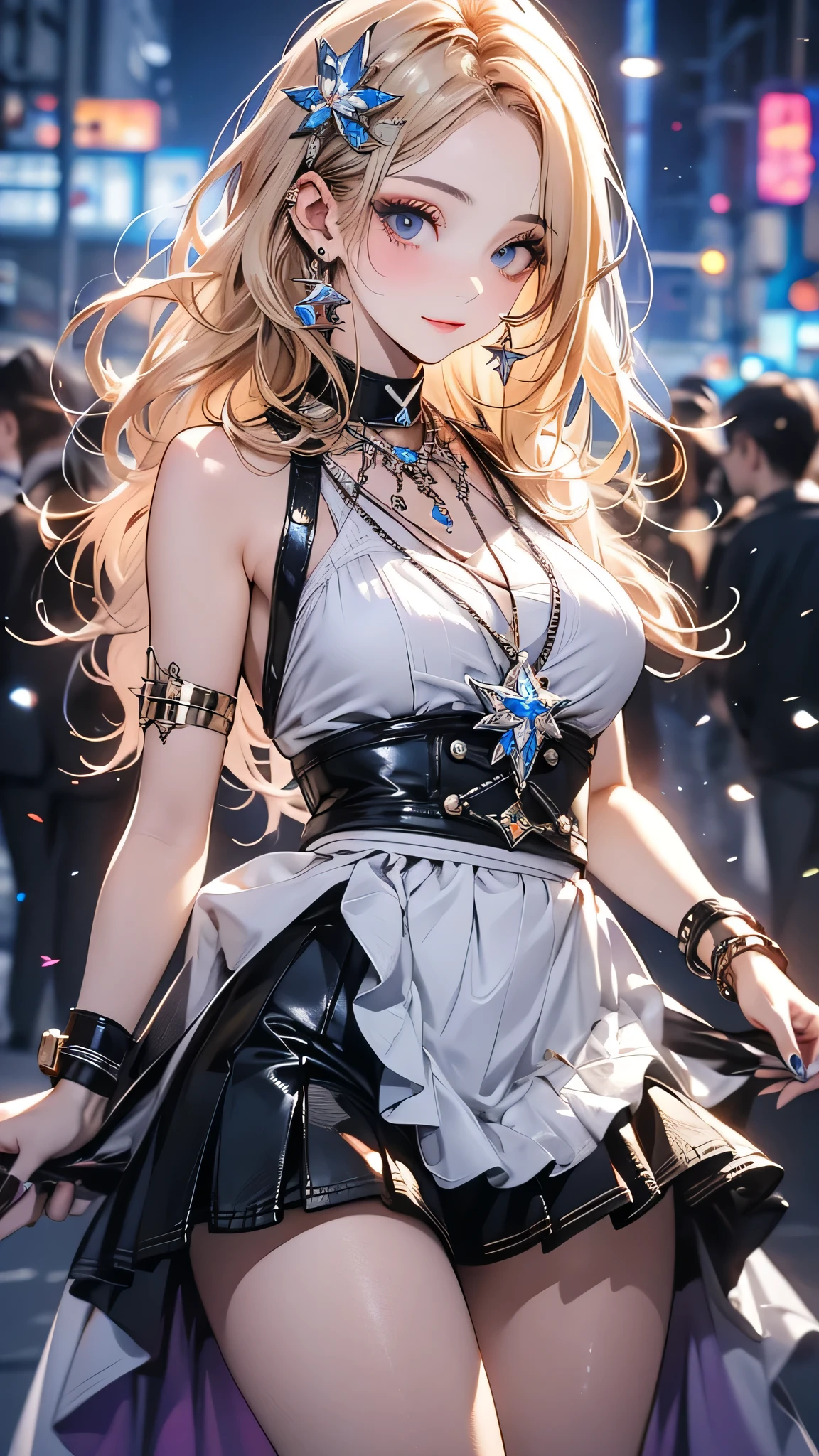 ((16ｋ,Raw photography,top-quality,hight resolution,Ray tracing,PBR Texture,Post-processing,)),(((Leather Bondage Skirt , Cute Japan anime girl,evangerion,Soryu Asuka Langley,Long wavy blonde hair,Emphasize cleavage,bare hand,Thin leg,detailed finger,Slender legs,)))(finerly detailed face:1.4),(​masterpiece:1.4),(top-quality:1.4), Beautiful fine skin,(cute little:1.5),(Complex fishnet stockings),pin heels,Leather luster 3.0,Beautiful skin,(Bodycon with beautiful embroidery),((tthin eyebrows,long eyelashes,smil,二重まぶた,)),No title required,Do not wear anything on your shoulders, Nasty figure, activity,Create a beautiful light effect in the background、Create the effect of confetti in the background,