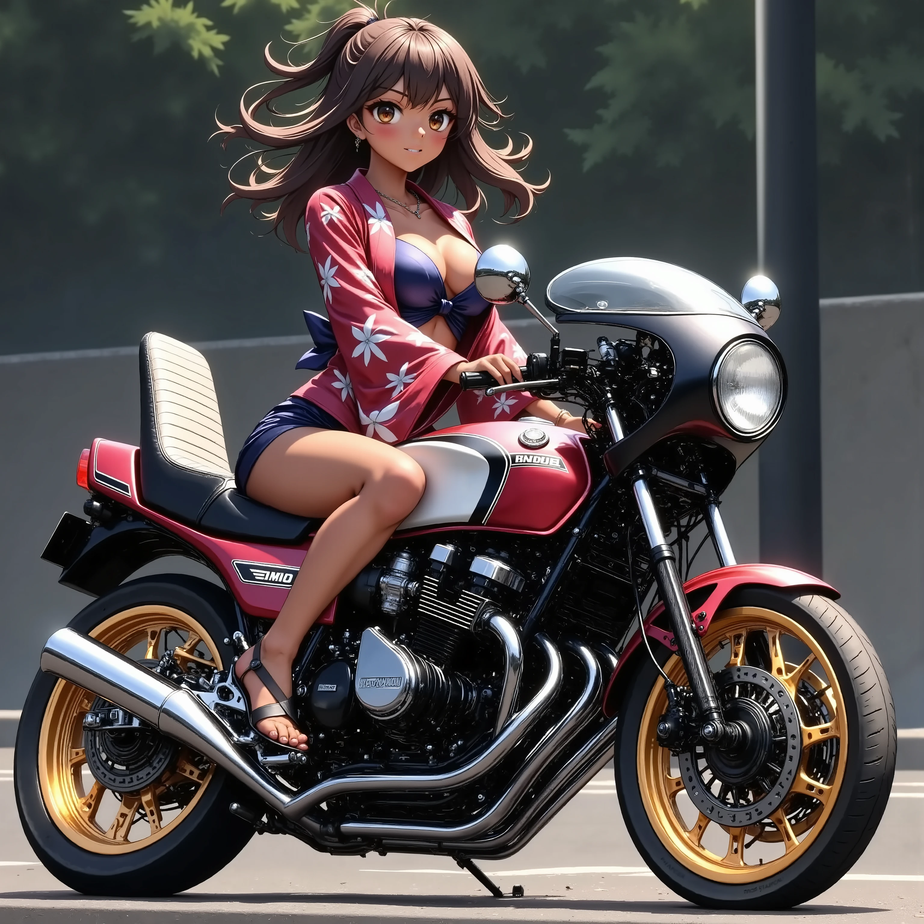 A Girl on a Cafe Racer Tuned Motorcycle + Japanese Kimono 、straw sandals、 abs、 glossy brown skin 、