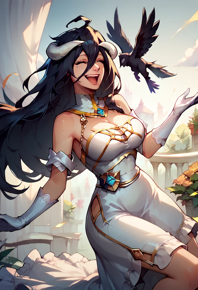 albedo, long hair, bare shoulders, hair between eyes, large breasts, (white dress:1.2), white gloves, happy, (rich in details), (flying black feathers:1.2), white horns ,
