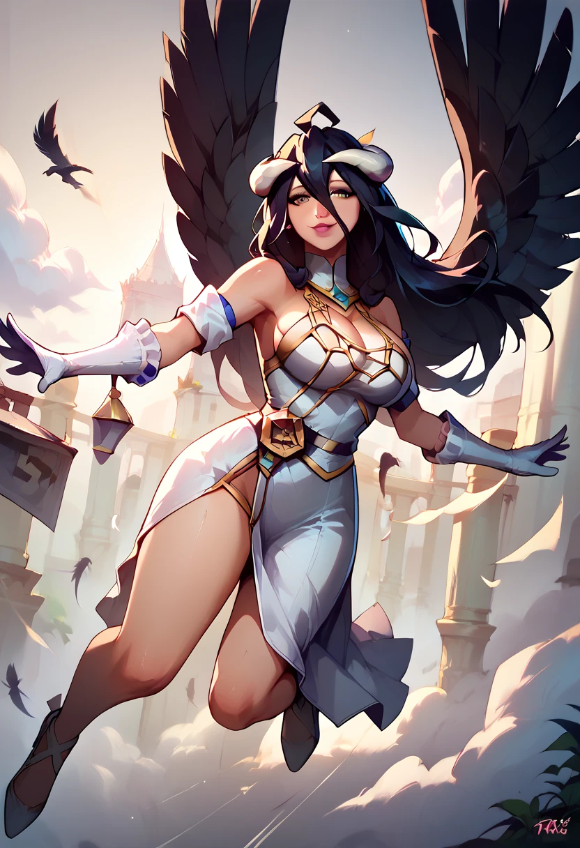 albedo, long hair, bare shoulders, hair between eyes, large breasts, (white dress:1.2), white gloves, (rich in details), (flying black feathers:1.2), white horns ,
