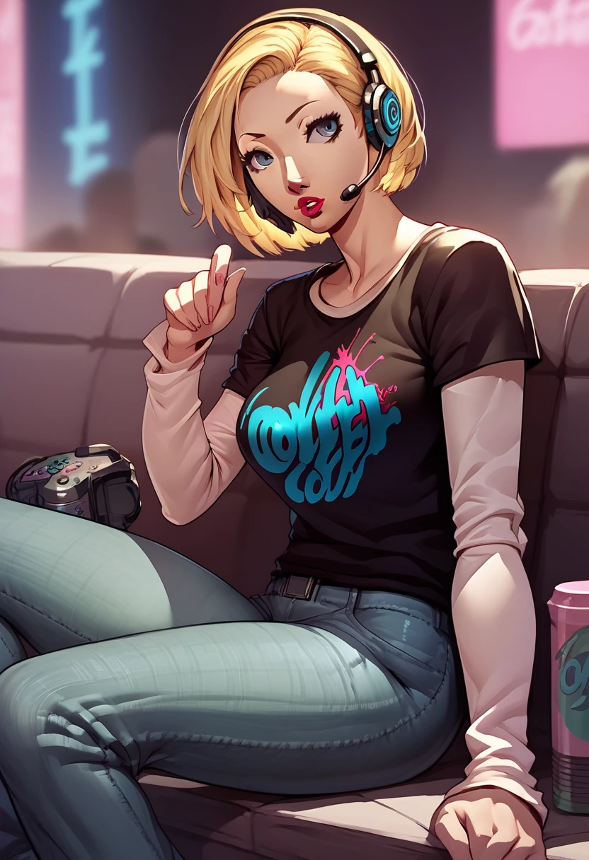 1 girl, headset, lipstick, black t-shirt, clothes writing, layered sleeves, large breasts, jeans, Taylor Swif, blonde hair