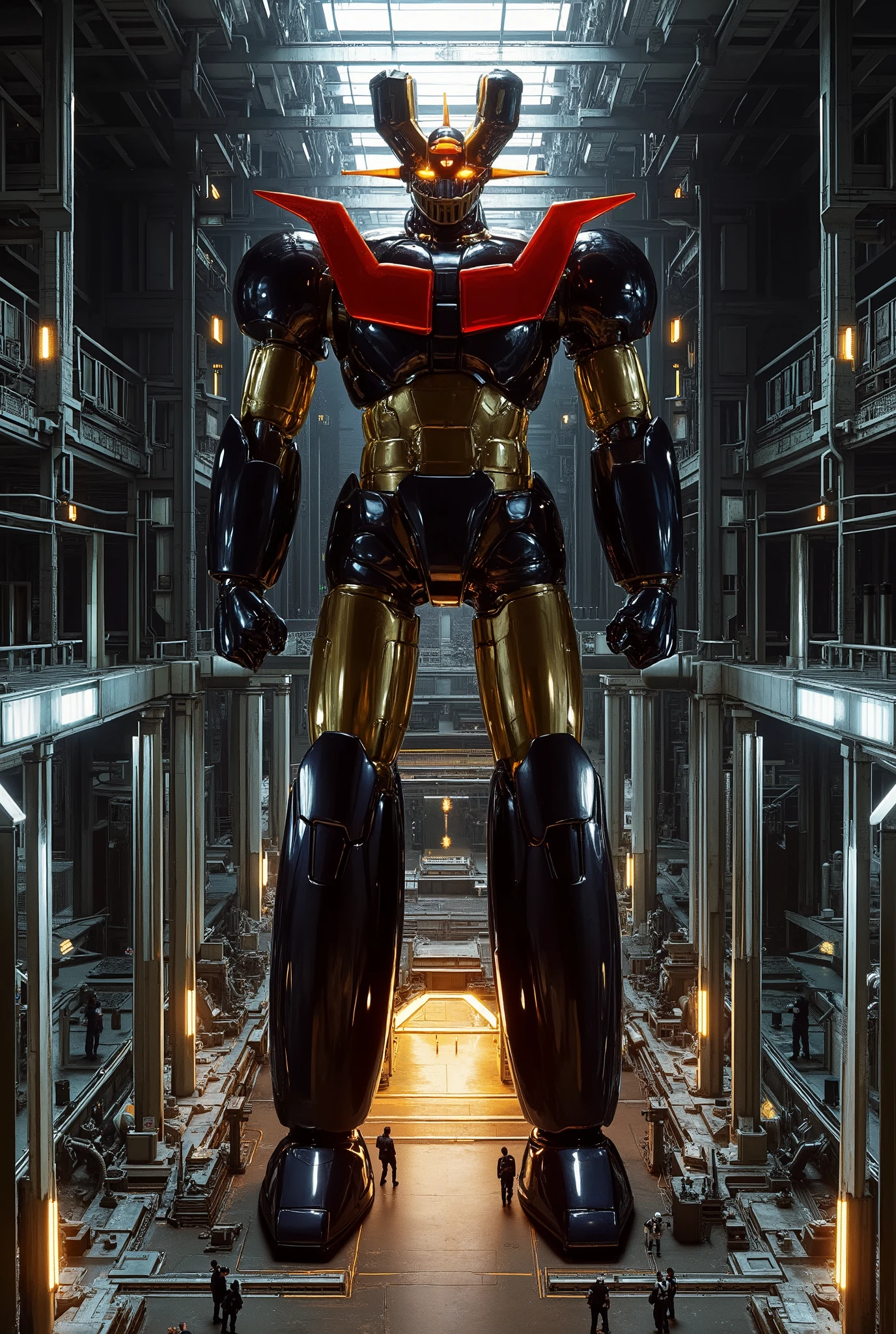 Great Heroes 、 made with the latest materials, a very realistic version of the giant Mazinger Z , towering 100 meters ahead . standing 100 meters high on a nuclear reactor equipment production line , Steel etc. , standing 100 meters higher in a forward position , Carbon Fiber , Other industrial elements are also visible , just like the real thing , carefully reproduced 。. is installed in a modern industrial environment , Masinger Z standing around , holding up a simple white t-shirt and the letters 、 is a huge structure with realistic shadows emphasized . LED light lighting