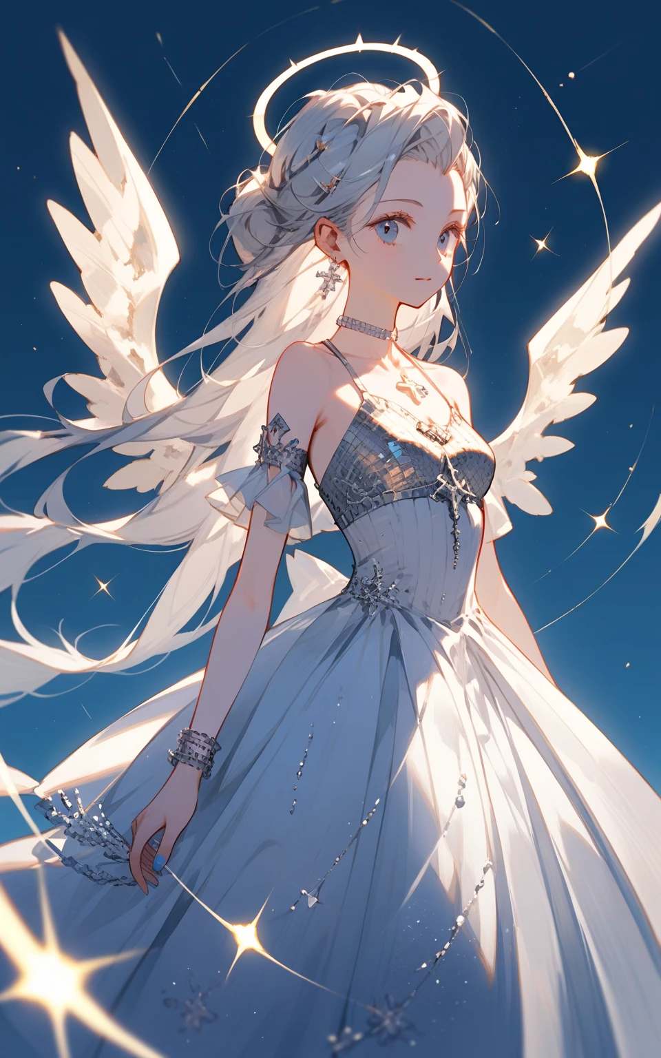 a beautiful angel with flowing white dress, wings spread, hand on hip, side view, (best quality,4k,8k,highres,masterpiece:1.2),ultra-detailed, studio lighting,extremely detailed face and eyes,delicate facial features,long eyelashes,smooth skin,intricate dress folds,glowing skin,angelic expression,sunlight streaming through clouds,simple background, hand behind back, anime