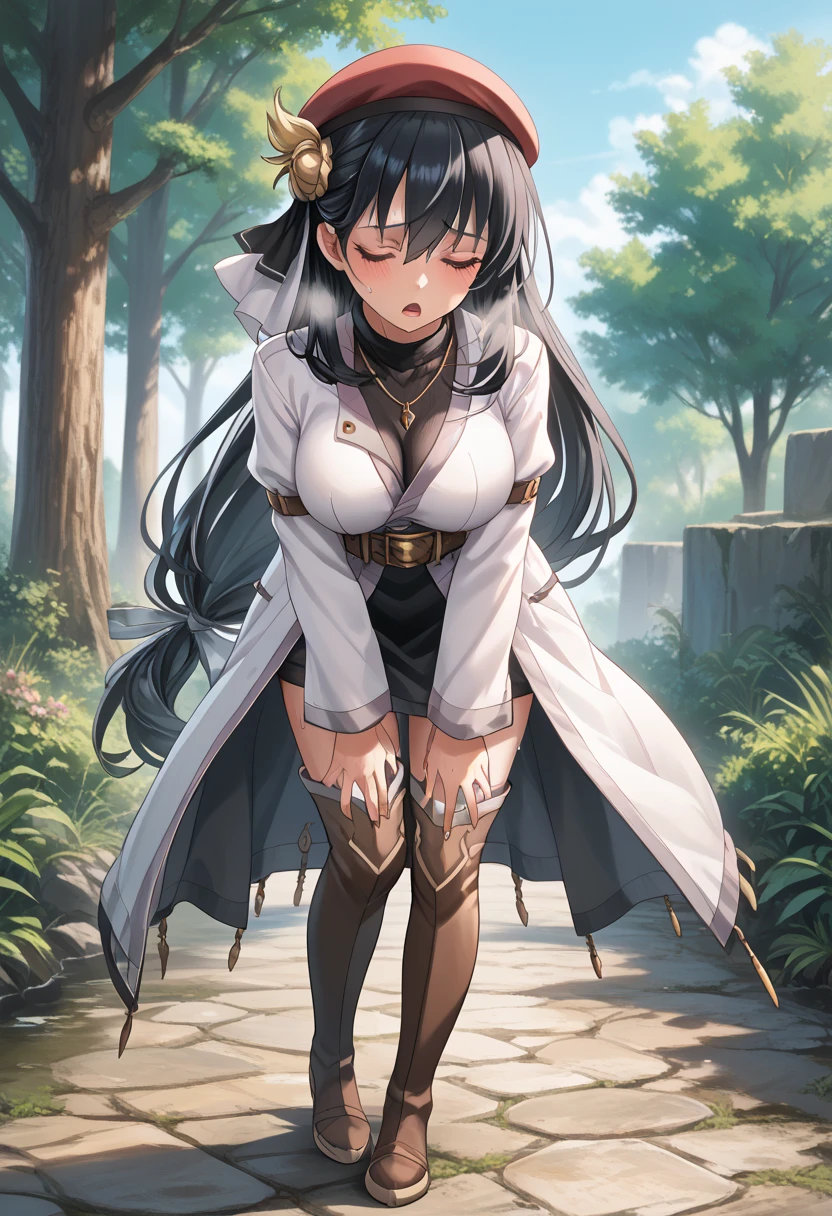 score_9, score_8_up, score_7_up, score_6_up, score_5_up, score_4_up, BREAK source_anime,
1girl, solo, sfw,  Agnes Claudel, tall heigh, (long legs), ((black hair)), long hair, blue eyes, large breasts, hair ribbon, white beret, white coat, black turtleneck dress, necklace, belt, black skirt, brown boots, thigh boots,, ((full body shot)), front view, outdoors, sky, trees, 
racoonsan,, (standing up), ((bending forward)), exhausted, heavy breathing, sweating, wet, moaning, aroused. In peril, struggling, mouth open, touching her chest with (((one hand))), ((eyes closed))