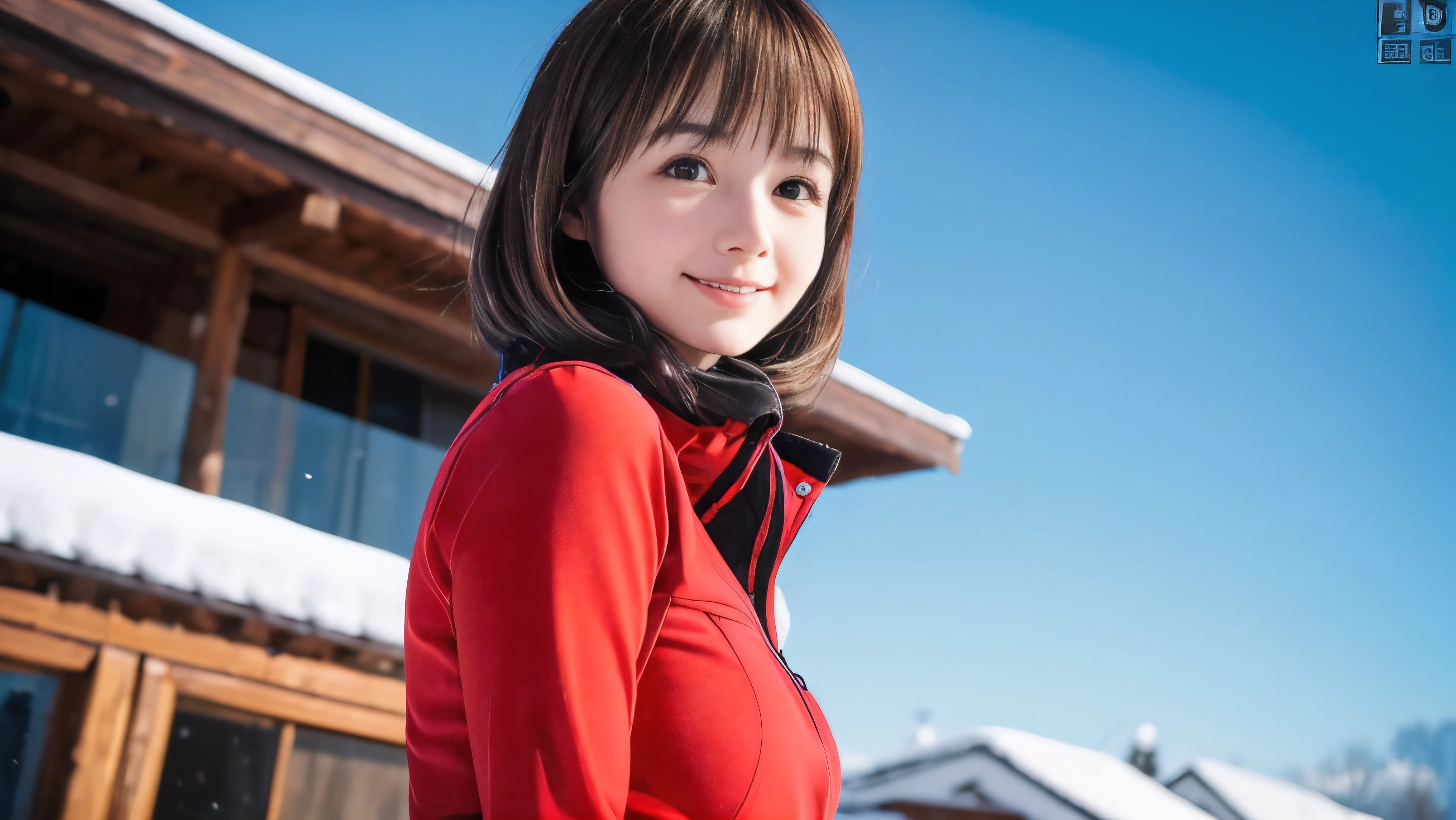 (Face shot of one slender small breasts round face brown short hair with bangs girl in long sleeve and long pants colorful snow board wear without logo:1.5)、(One girl is looking over there with small smile:1.5)、(Snow Ski Garden:1.5)、(Beautiful sunset red sky 1.5)、(blurred background:1.5)、(Natural light:1.5)、(8k ultra detailed master piece:1.5)、(perfect anatomy:1.5)、(Photorealistic stick:1.5)、(Raw photo:1.3)、(highest quality:1.5)、(High resolution:1.3)、(Delicate and beautiful perfect face:1.3)、(Delicate and beautiful eye air skin:1.3)、(Real Human Skin:1.3)、((thin legs))