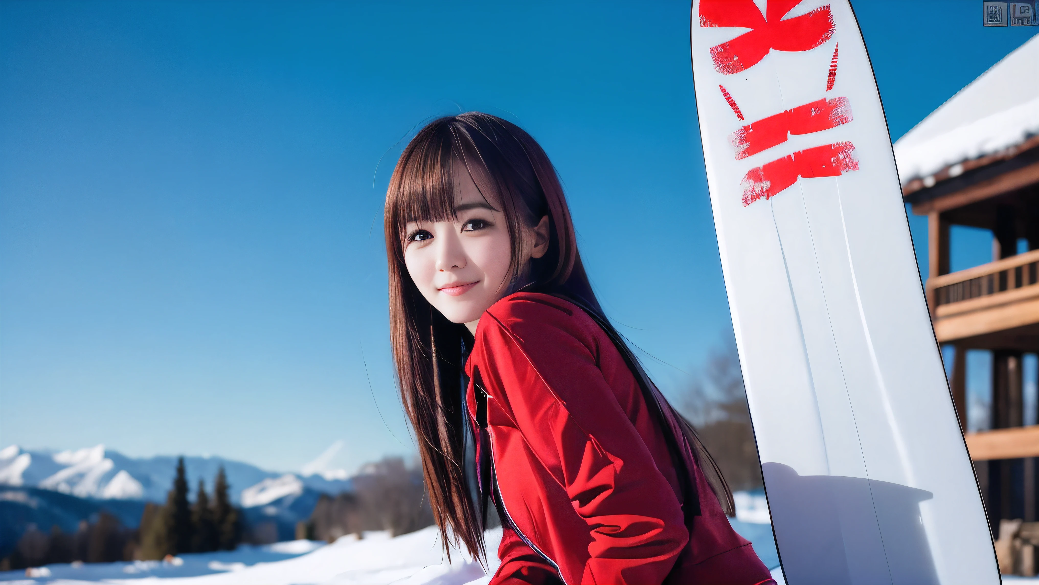 (Face shot of one slender small breasts maroon twin tailed long hair with bangs between eyes girl in long sleeve and long pants colorful snow board wear without logo:1.5)、(One girl is looking over there with small smile:1.5)、(Snow Ski Garden:1.5)、(Beautiful sunset red sky 1.5)、(blurred background:1.5)、(Natural light:1.5)、(8k ultra detailed master piece:1.5)、(perfect anatomy:1.5)、(Photorealistic stick:1.5)、(Raw photo:1.3)、(highest quality:1.5)、(High resolution:1.3)、(Delicate and beautiful perfect face:1.3)、(Delicate and beautiful eye air skin:1.3)、(Real Human Skin:1.3)、((thin legs))
