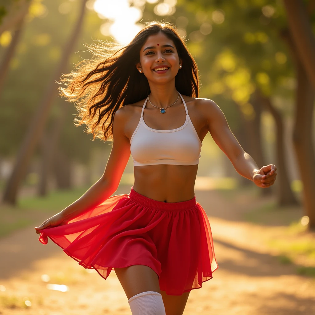 A beautiful Indian girl in , crazy dancing, wearing a school uniform mini skirt, halter top, and thigh-high socks, 1girl, detailed face, beautiful eyes, cute expression, mesmerizing, cinematic lighting, glowing brown oiled skin, highly detailed, photorealistic, 8k, masterpiece, intricate details, elegant fashion, dynamic pose, natural scenery background, golden hour lighting, cooler colors