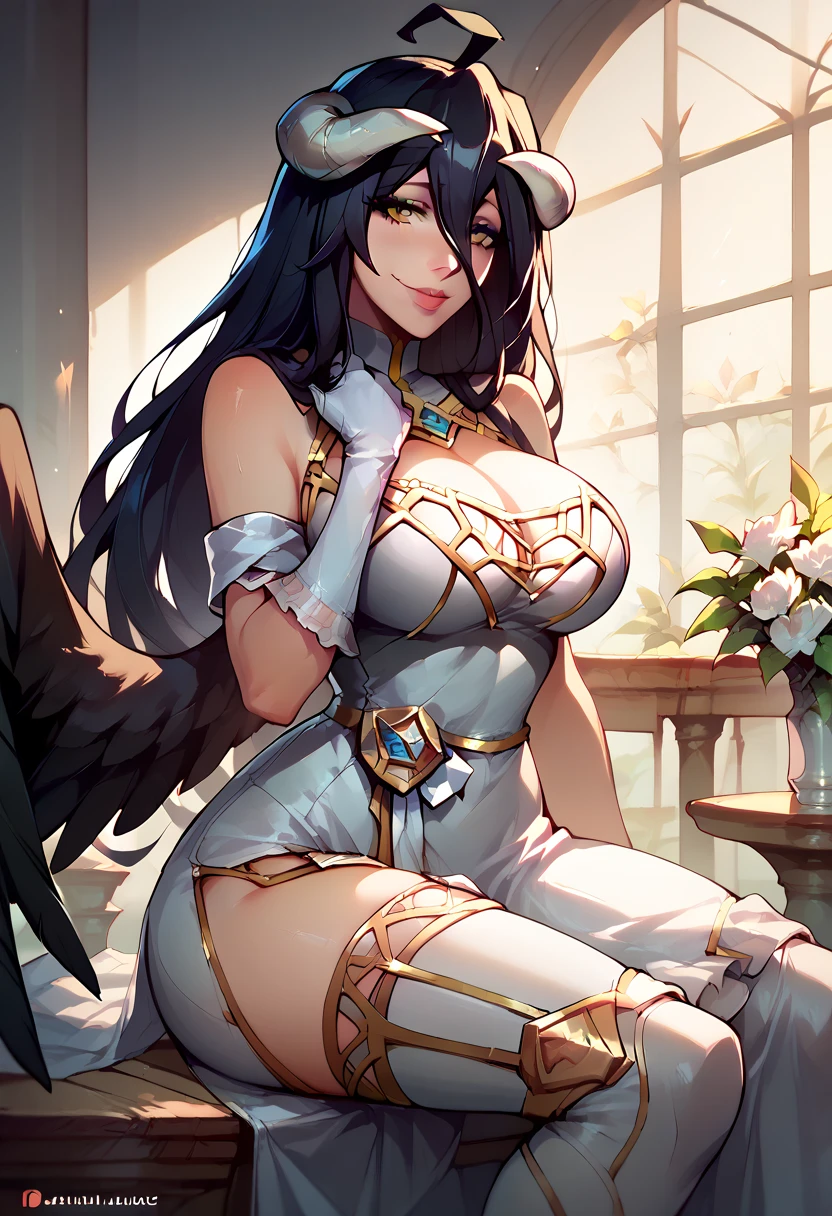 albedo, long hair, bare shoulders, hair between eyes, large breasts, (white dress:1.2), white gloves, (black feathers:1.2), white horns ,
