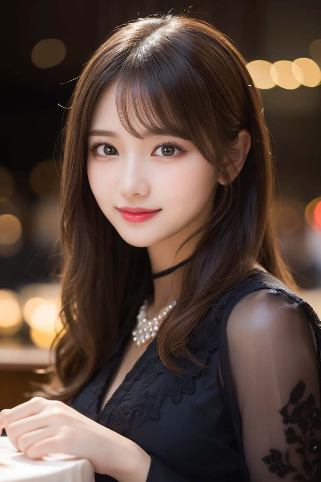 table top, highest quality, shape, Super detailed, finely, High resolution, 8k wallpaper, Perfect dynamic shape, beautiful and detailed eyes, small breasts, natural color lip, random sexy pose,smile、20 year old girl、midnight、Beautiful and dense face、perfect and beautiful face,Big eyes、real photos(best image quality),Sheer off-shoulder dress、looking at camera、Please stand、Do gal makeup,blurred background