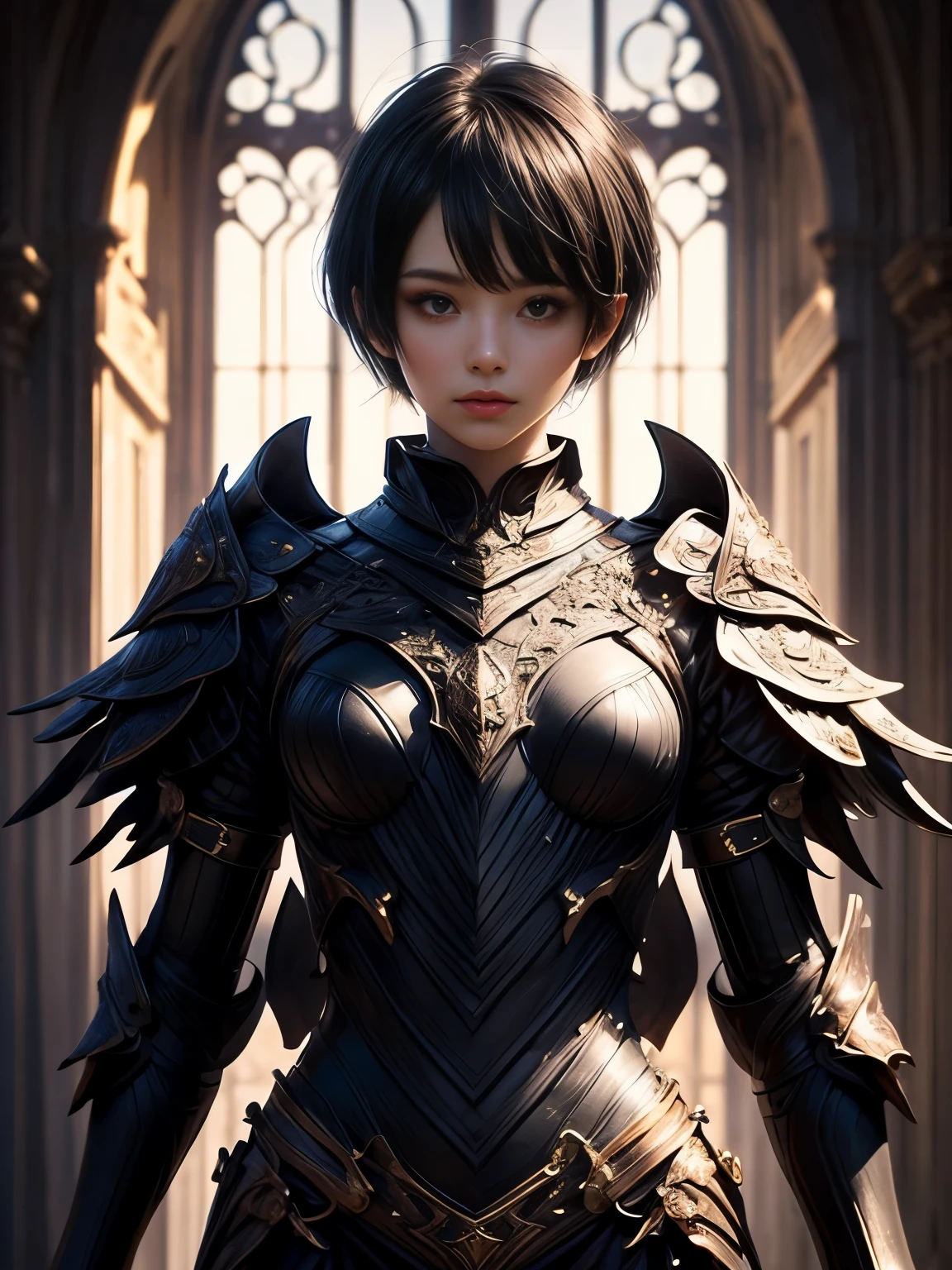 (((Best Quality))), ((Ultra-detailed)), (extremely detailed photo), ((extremely delicate and beautiful)),(Cute delicate face), ((masterpiece)), perfect anatomy, intricate, (highly detailed), masterpiece, photorealistic, (Tall and cool  boyish girl),(amber and black armor:1.3), ((Castle Town)) ,(upper body),alone,black hair,(pixie cut hair),(dynamic pose), looking at viewer, double eyelid,delicate skin,slender body shape,medium breast