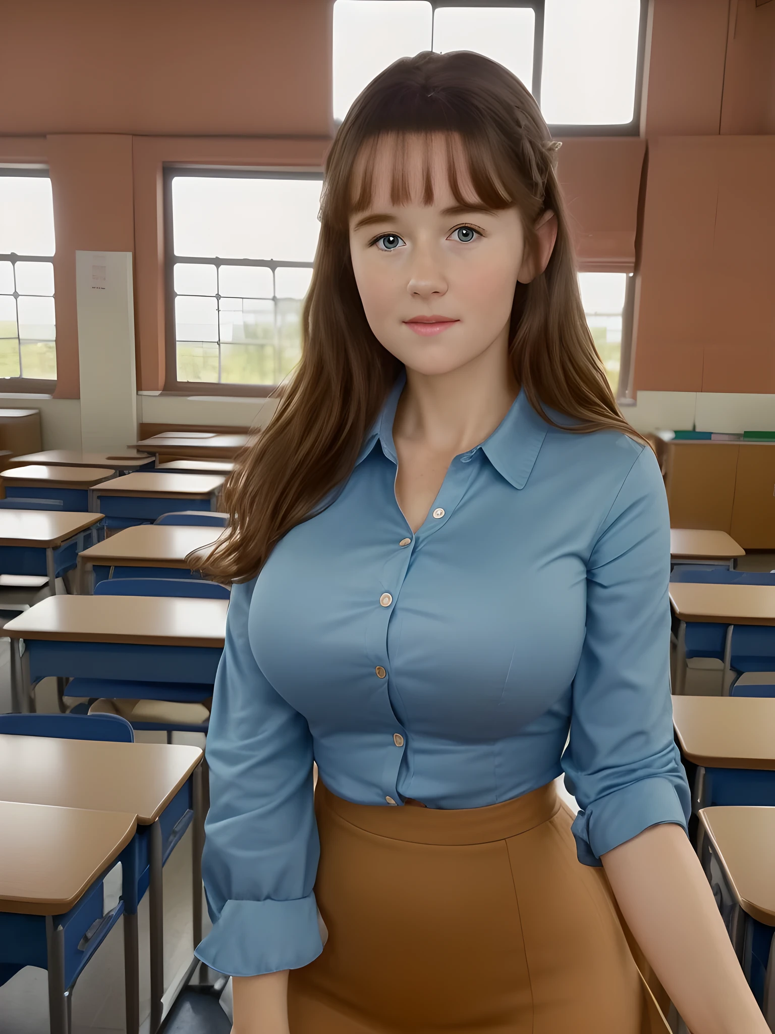 (best quality,4k,8k,highres,masterpiece:1.2),(ultra-detailed,photorealistic,photo-realistic:1.37), ((Clare is a teacher entering in classroom), ((very large bust size for her young age))