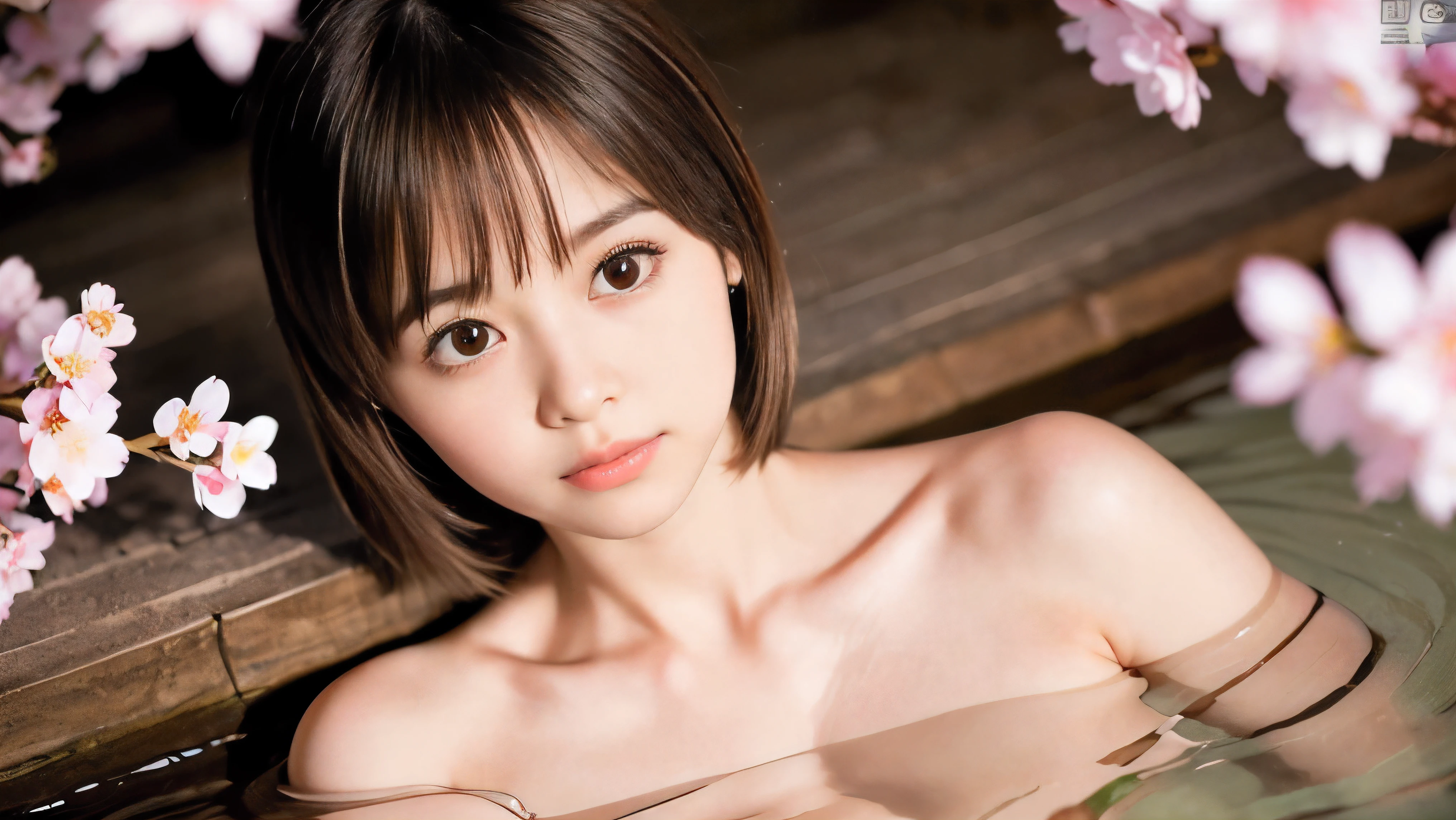 (High angle shot of a naked slender small breasts round face brown short hair with bangs girl:1.5)、(Naked girl is soaking in a milky color Japanese onsen outdoors with close her eyes:1.5)、(Outdoor Japanese onsen with milky white color and it has full bloom cherry blossoms:1.5)、(blurred background:1.5)、(Natural light:1.5)、(8k ultra detailed master piece:1.5)、(perfect anatomy:1.5)、(Photorealistic stick:1.5)、(Raw photo:1.3)、(highest quality:1.5)、(High resolution:1.3)、(Delicate and beautiful perfect face:1.3)、(Delicate and beautiful eye air skin:1.3)、(Real Human Skin:1.3)、((thin legs))