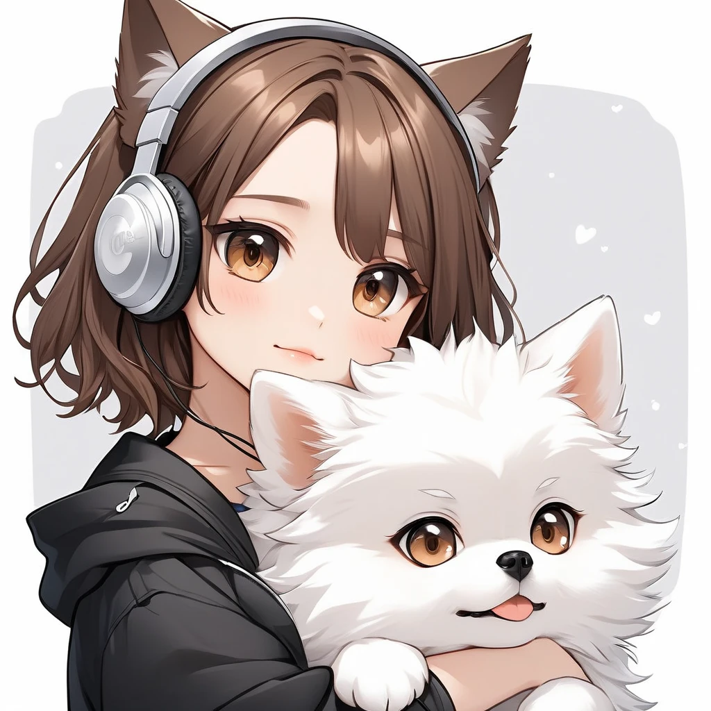 "A young girl with bright brown long hair , bright skin, and the soft expression , wearing an oversized black jacket.  He wears silver headphones around his neck and has earrings in his left ear .  The girl hugs an adorable looking white fluffy Pomeranian dog.  The background is plain white ,  gives full focus to the character of the girl and his cat ,cute chibi , wolf ear." 