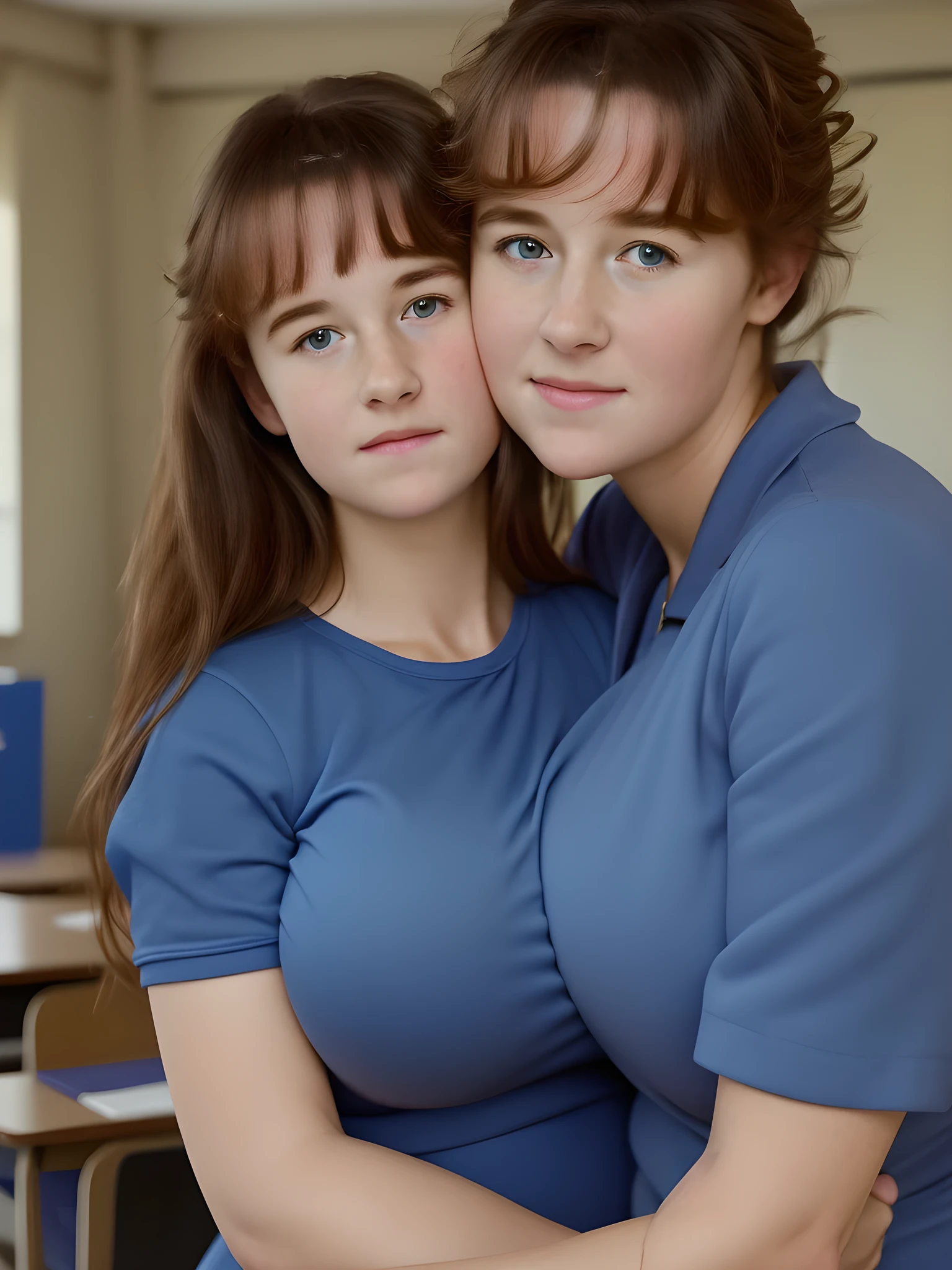 (best quality,4k,8k,highres,masterpiece:1.2),(ultra-detailed,photorealistic,photo-realistic:1.37), ((Clare is a teacher hugging a student), ((very large bust size for her young age))