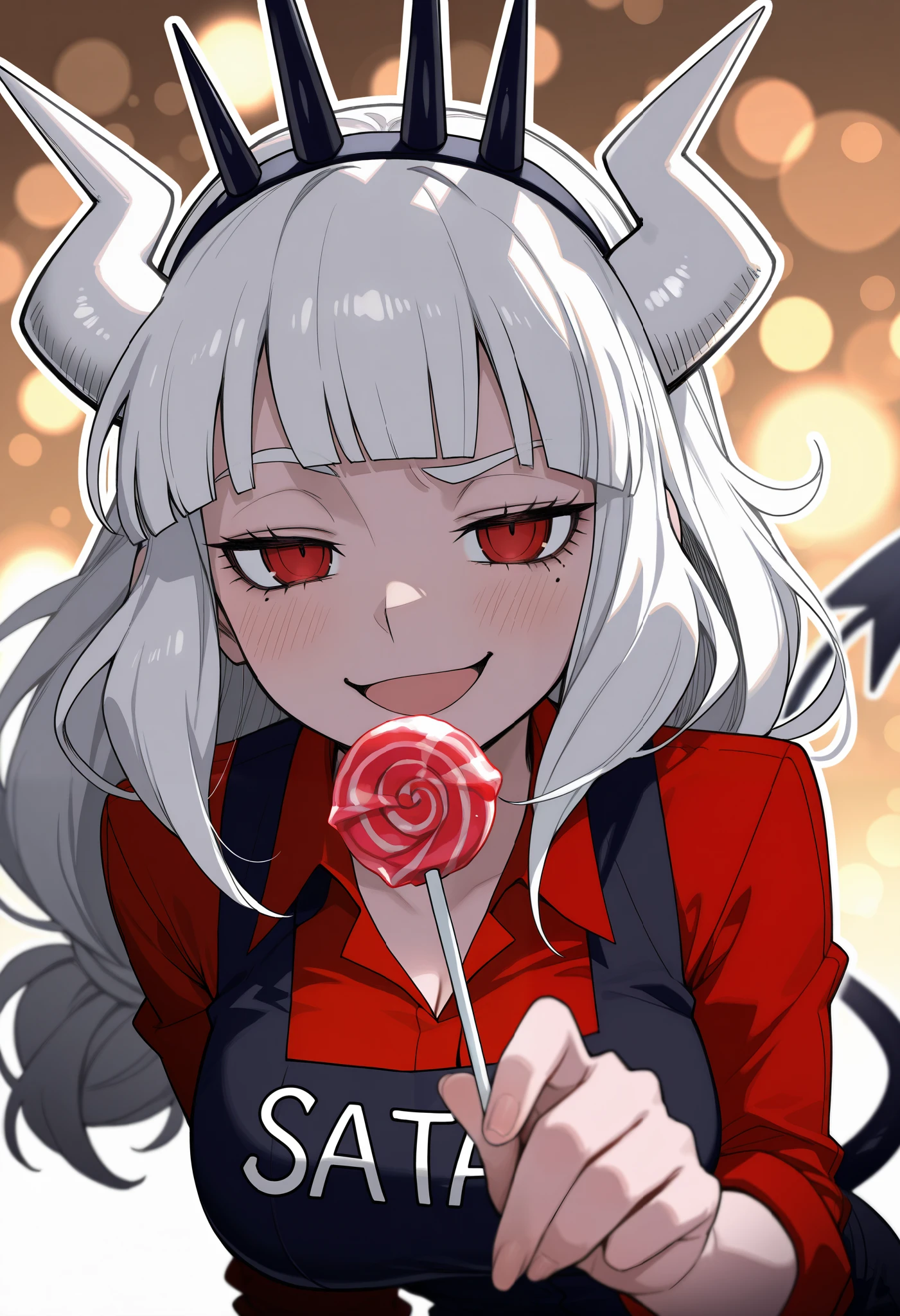 (masterpiece, best quality, high quality, highres, ultra-detailed), 1girl, lucifer (Helltaker), mole under eye, long hair, red eyes, blunt bangs, crown, white horns, demon horns, mature and calm, open mouth, upper body,  demon tail, looking at viewer, simple bokeh background, beautiful lighting, bokeh, white outline skin, smug expression, holding candy pop, offering
