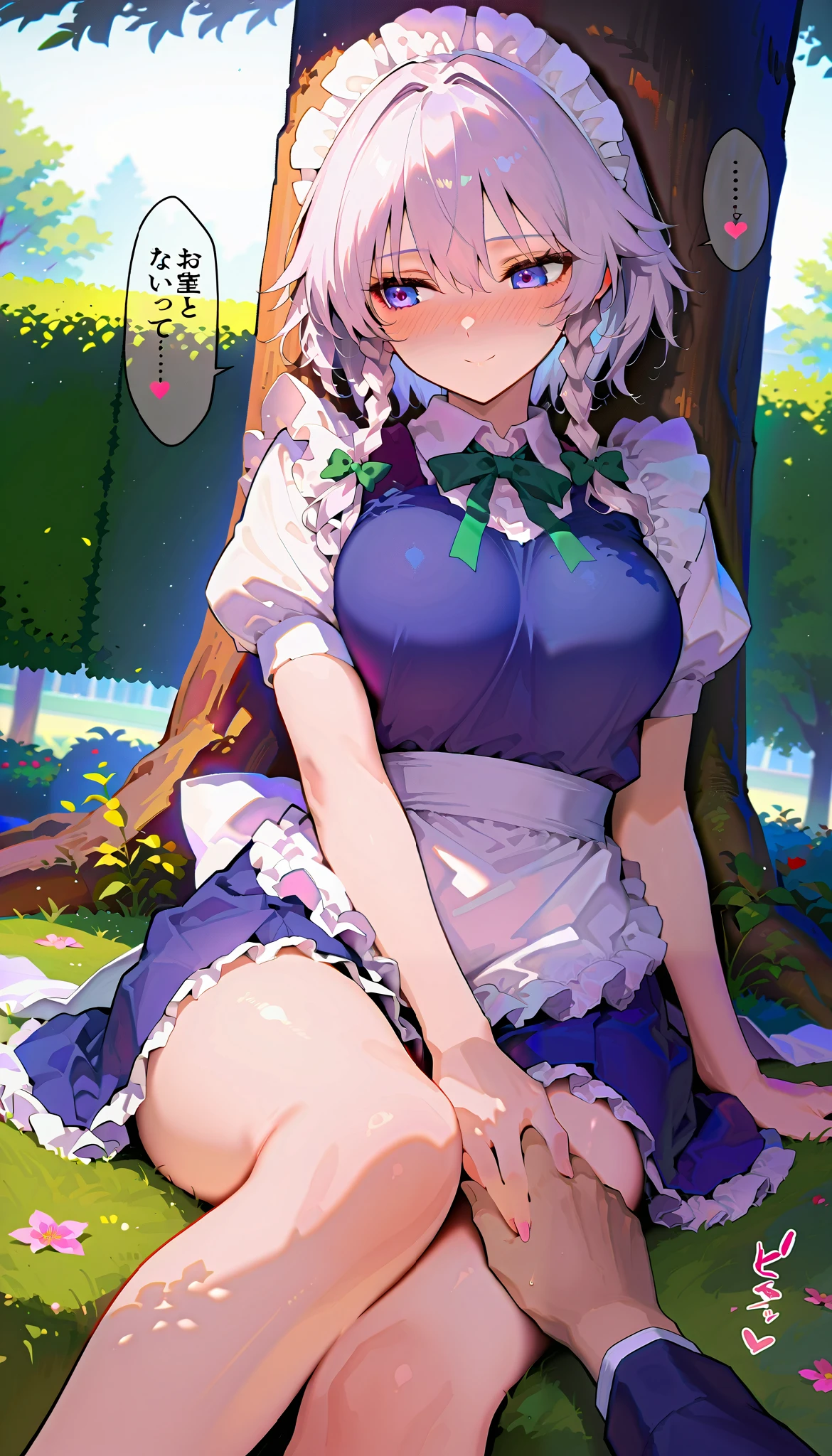 masterpiece, ultra detail,  a girl , lover, cute, adult female, score_9, score_8_up , score_7_up , , rating_ general , 1girl , izayoi sakuya, white hair, short hair, maid clothes、Navy blue clothes,White ruffle sleeves,Short sleeve,unexposed breasts, navy blue ruffle skirt, miniskirt,white ruffle apron, twin braids,dynamic angle , source_anime, cowboy shot, full portrait, (slim, slender body, tight waist, toned body, (slim, slender body, tight waist, toned body), (garden,  daytime, tree, tree陰の下, lawn), full-face blush, speech bible, (lovely face, embarrassed, full blush, loving you, smile, looking down), (lawnに座る, Knee pillow,  puts man's head on his lap,  stroke my head), (side view:1.2), lovely hearts:1.4, (1Man,fullbody, Man lying down , head on girl'sknees, grab hand), Sound effects, Third Person View