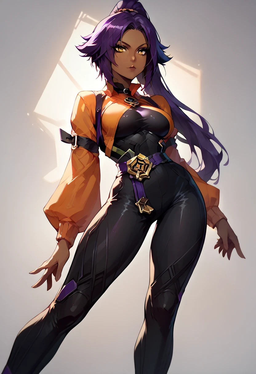 yoruichi shihouin, long hair, yellow eyes, ponytail, purple hair, dark skin, dark-skinned female, bodysuit, black bodysuit, bodysuit under clothes, orange shirt, long sleeves,
