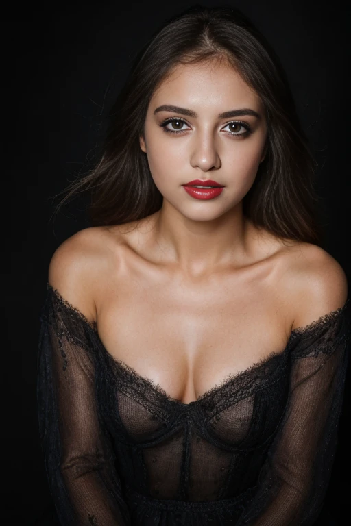 Une femme incroyablement séduisante posant de manière provocante et attirante. Elle a des cheveux longs et soyeux, des yeux captivants et un sourire irrésistible. Elle porte un haut décolleté en dentelle noire, révélant juste ce qu'il faut pour susciter l'intérêt. Sa peau est lumineuse et parfaite, avec un maquillage subtil qui met en valeur ses traits. Ses lèvres pulpeuses sont maquillées d'un rouge profond, ajoutant une touche de sensualité. La lumière douce et flatteuse met en valeur son visage et sa silhouette, créant une aura de mystère et de charme. L'arrière-plan est flou pour garder l'attention sur elle. La photo est en haute résolution, photoréaliste, avec une lumière douce et cinématographique, mettant en avant la séduction et l'attrait.