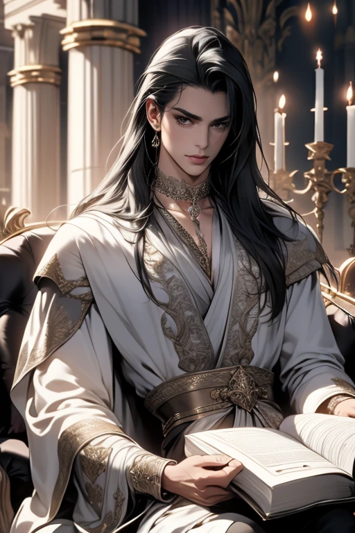 in bad shape，solo，8k,best qualtiy,Masterpiece, Shoulder blades，Handsome face，Detailed pubic hair，dynamic angle，palace of versailles，Adonis，magnificent robe，choker necklace，Long silver-black hair，god light，Reading a book while sitting in your armchair.