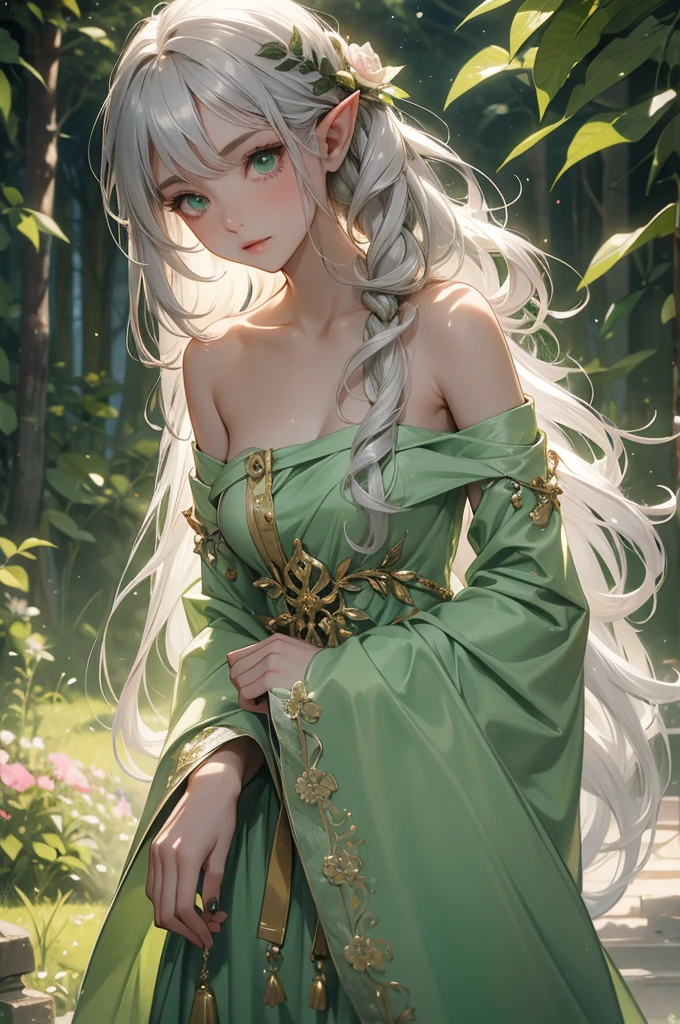 Dolly is a young elf with long silver hair that falls in soft waves down to her waist.. His eyes are a deep green, reflecting the serenity of ancient forests. Her skin is clear and has an ethereal glow., as if always bathed in moonlight. Dress in simple, functional clothes, generally made from natural fabrics and dyed in shades of green and brown, adorned with small accessories made of leaves and flowers.
