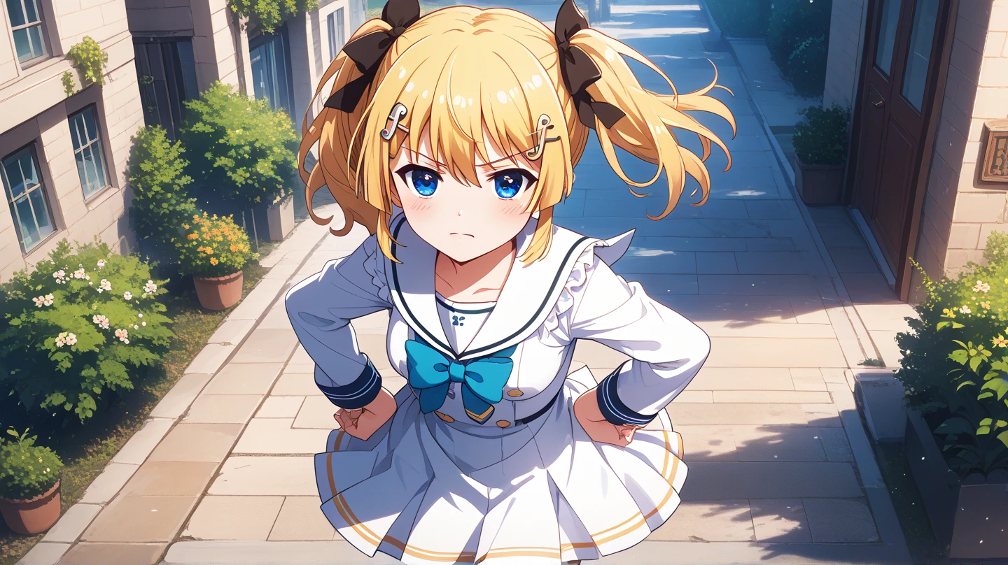 (masterpiece, best quality), highly detailed background, perfect lighting, best quality, batogakanon, solo, from above, looking at viewer, blush, >:(, closed mouth, tsundere, blonde hair, twintails, hair ribbon, black ribbon, hair between eyes, musical note hair ornament, hairclip, long hair, blue eyes, medium breasts, white dress, sailor dress, sailor collar, red bowtie, school uniform, hands on hips, standing, outdoors, road, houses, sunset