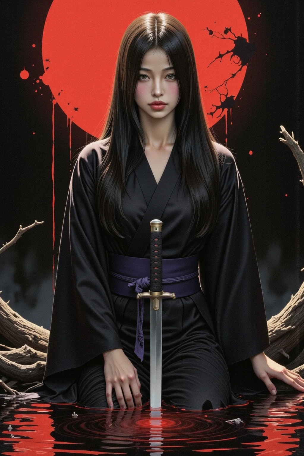 A alluring female, black haori, black hair, direct gaze, planted katana in a lake, sitting on glowing lake, reflections, light particles, soft lighting, chiascuro, dramatic and mysterious atmosphere, stylized fantasy-themed, red brush strokes background, moody, blood splatter, ink art piece, dark, dynamic angle, poster, minimalistic, drkfnts style