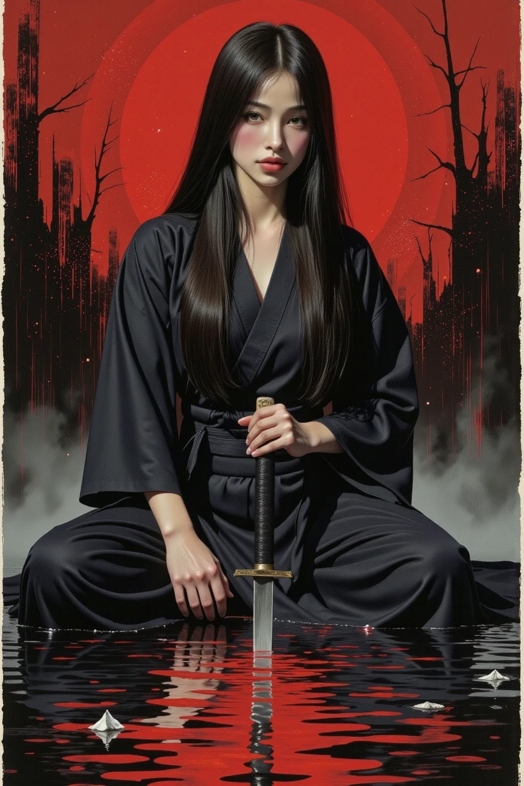 A alluring female, black haori, black hair, direct gaze, planted katana in a lake, sitting on glowing lake, reflections, light particles, soft lighting, chiascuro, dramatic and mysterious atmosphere, stylized fantasy-themed, red brush strokes background, moody, blood splatter, ink art piece, dark, dynamic angle, poster, minimalistic, drkfnts style