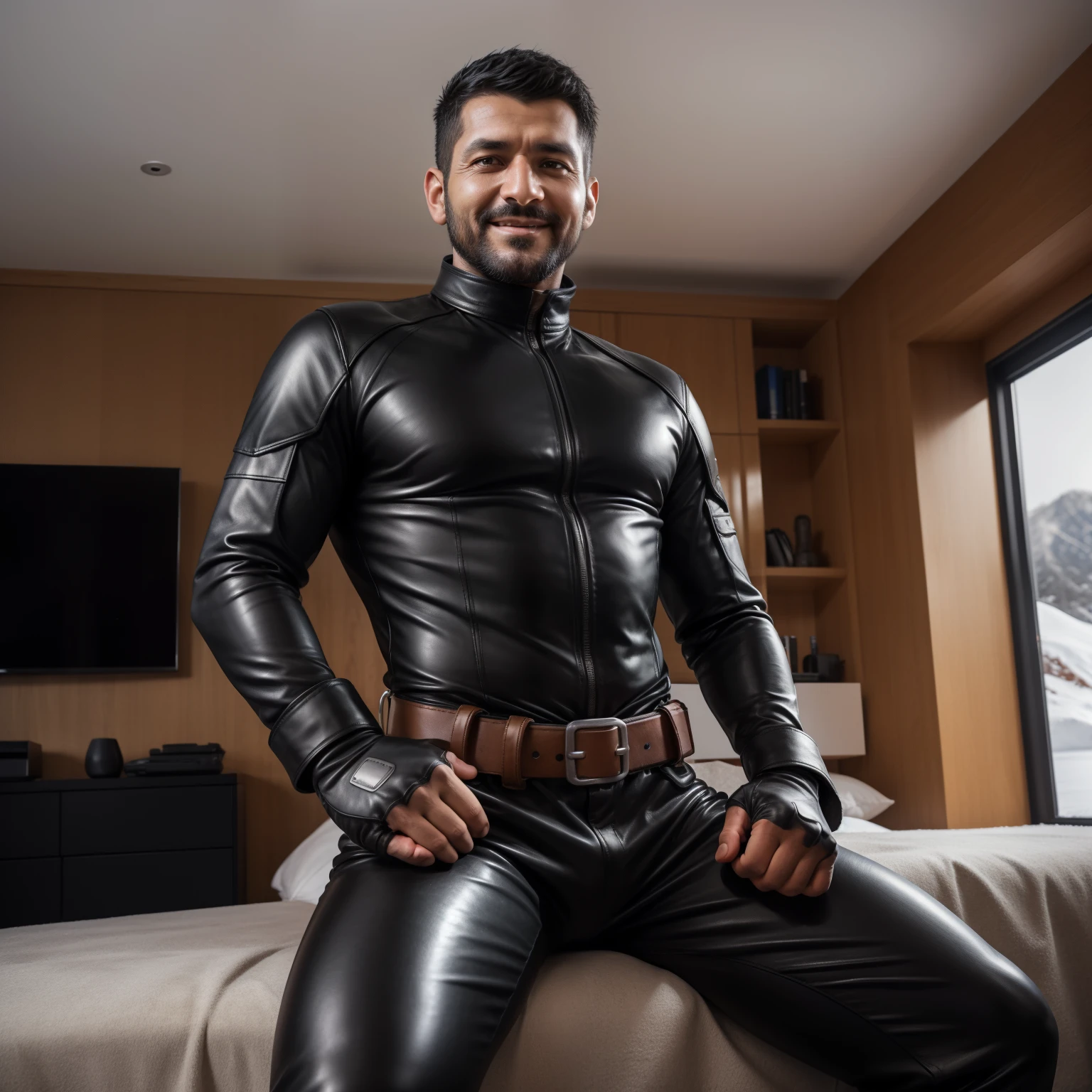 40 years old, One Man,、 black bodysuit 、Shocker Belt、 black gloves 、 carrying a pistol around the waist、bedroom、 in the living room in a snowy country、 logic, , black hair、Short Hair。 very short hair 、 handsome fighter arabic face sits with legs open 、View from below。 upper body up Black leather pants Smile