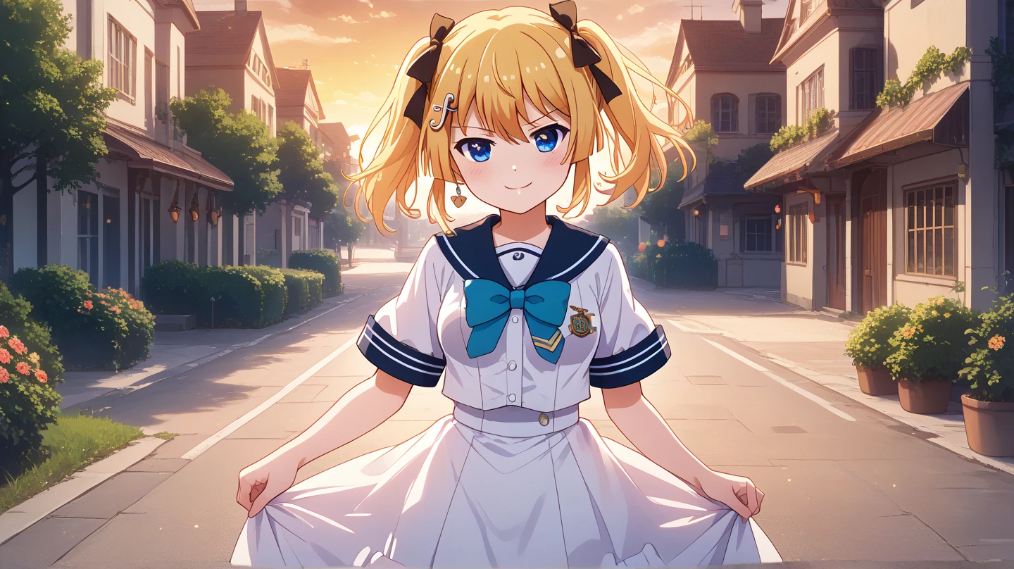 (masterpiece, best quality), highly detailed background, perfect lighting, best quality, batogakanon, solo, pointing at viewer, blush, >:), smile, closed mouth, tsundere, blonde hair, twintails, hair ribbon, black ribbon, hair between eyes, musical note hair ornament, hairclip, long hair, blue eyes, medium breasts, white dress, sailor dress, sailor collar, red bowtie, school uniform, standing, outdoors, road, houses, sunset,