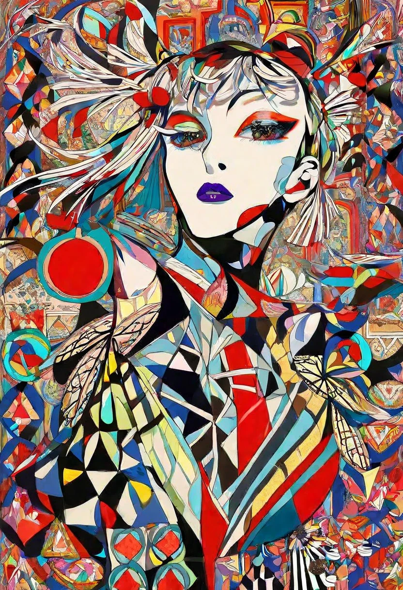 best quality, high quality, masterpiece, flat color, [by horz:Sara Wollfalk:0.7],
BREAK
detailed beautiful face, Professional fashion portrait of a person with innovative makeup, magic makeup, by Riccardo Tisci,  break
Unique and intricate makeup by Random blend of art movements, fusion of impressionism and surrealism, abstract expressionist elements, modernist and postmodernist influences, cubist shapes, futurist dynamics, dada randomness, baroque complexity, art deco elegance, gothic mood, renaissance inspiration, psychedelic patterns, avant-garde style, minimalist and maximalist contrasts, vibrant street art, rococo flourishes, Futuristic fashion, cutting-edge design, aesthetic excellence, high-fashion look, Avant-garde attire, innovative styling, striking beauty, artistic fashion statement, High-tech fashion, sleek and elegant designs, visually stunning, modern couture, Fashion forward, groundbreaking aesthetics, sophisticated elegance, trendsetting style, surrealistic, fantasy art, abstract, doodle art, [(details:1.2): [ (many small details:1.3) : [ (many ultrasmall details: 1.2):(very detailed ultrasmall edges and microrelief:1.5):0.7 ]: 0.4 ] :0.2],  