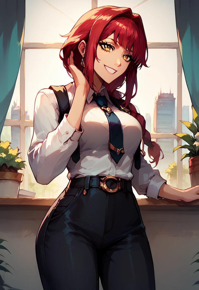 makima, long hair, smile, bangs, braid, red hair, braided ponytail, yellow ringed eyes, long sleeves, white shirt, necktie, black pants, formal, office lady,
