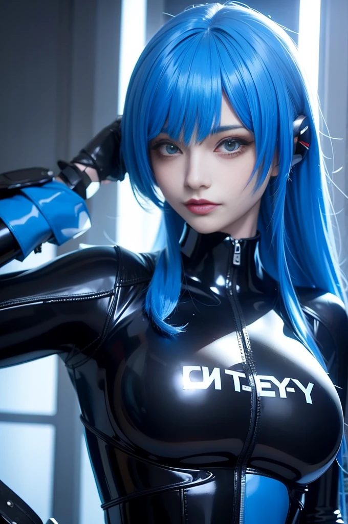 cyber woman in a latex bodysuit with blue hair and big breasts