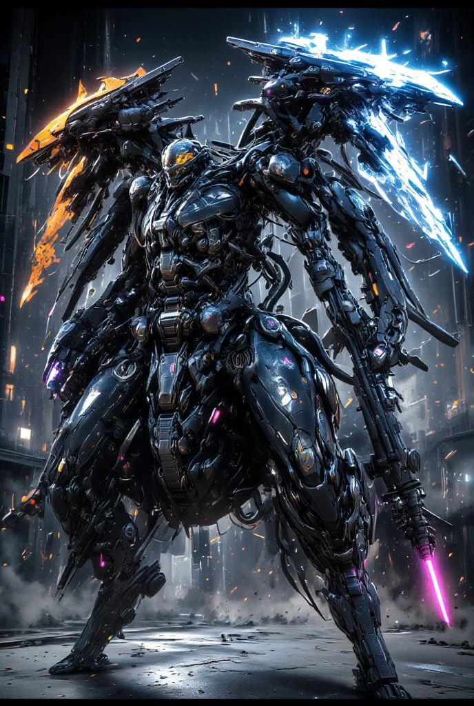 Cybernetic Humanoid with twin dragon-like heads, one head fire, one head ice, sitting on an armored assault motorcycle grasping a heavy machine gun, in a cyberpunk dystopian background