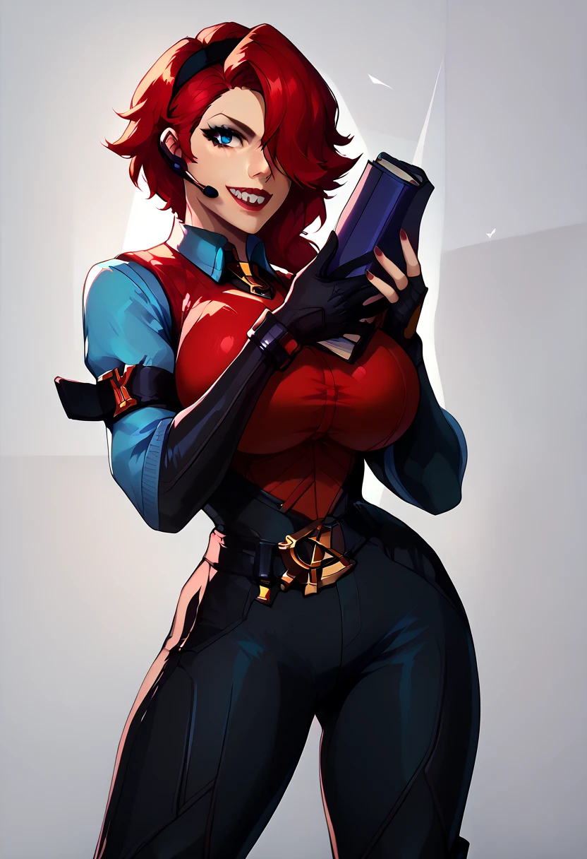 , blackwidow_rivals, red hair, asymmetrical hair, headset microphone, blue eyes, red lips, bodysuit, black bodysuit, gloves, black gloves, forearm guns, black clothes, sniper rifle, holding sniper rifle, huge weapon, posing, , colettedef, sharp teeth, smile, holding book, hair over one eye, black hairband, blue shirt, long sleeves, sleeves past fingers, red vest, purple pants, (huge breasts:1.0), sexy body,  solo
