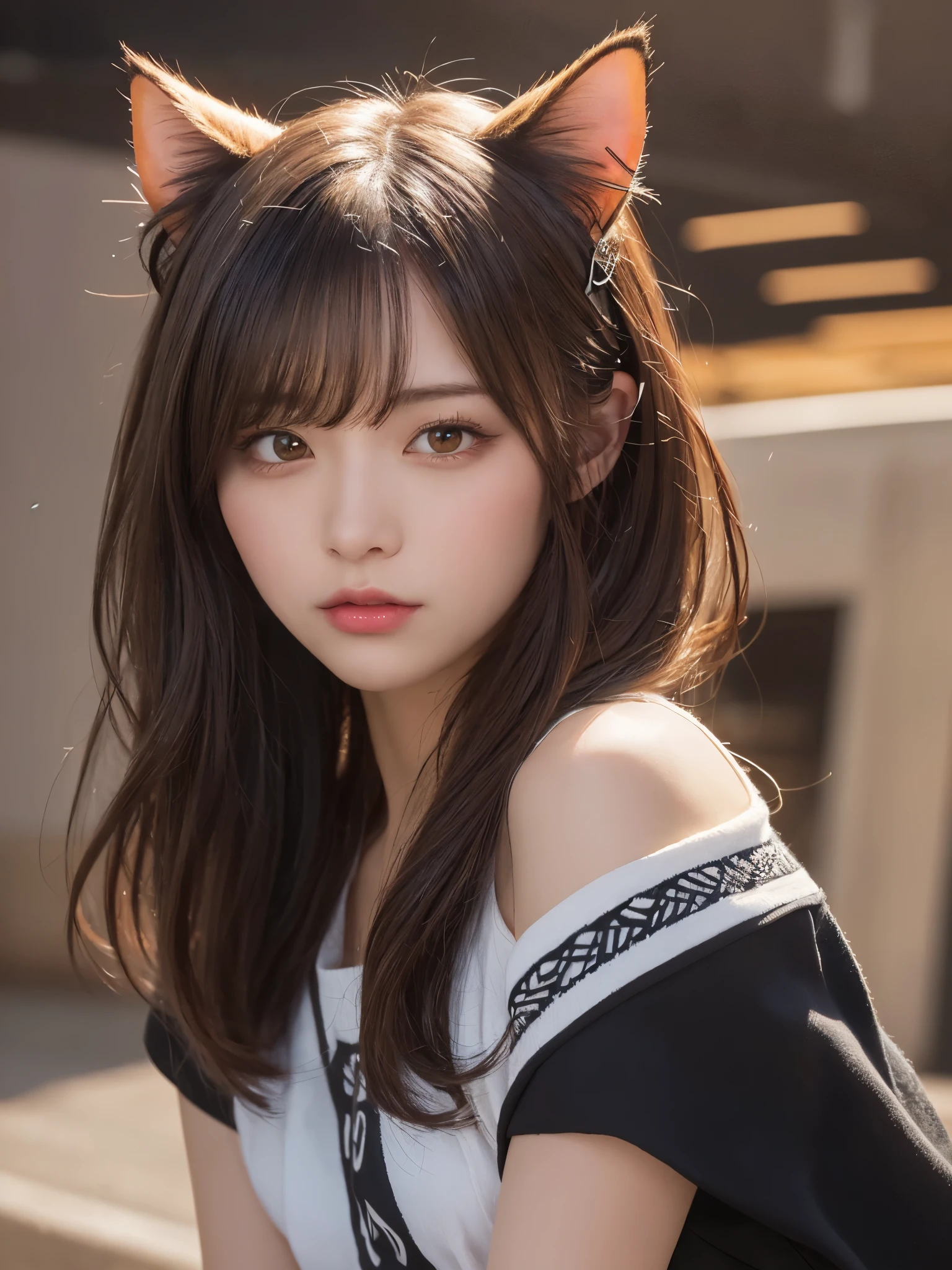 Araffe girl with long hair wearing a cat ears and a white shirt - SeaArt AI