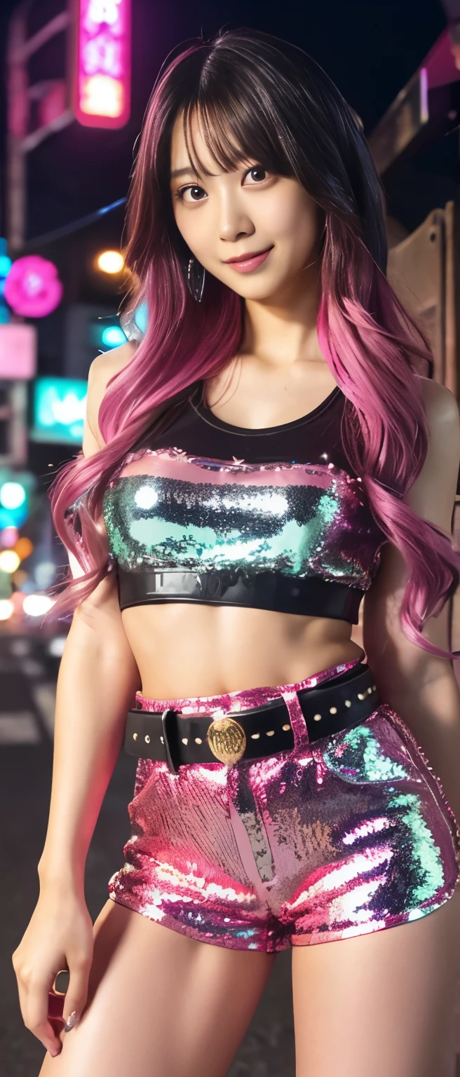 A woman with loose hair in neon blue tones, pink and green, wearing a purple sequin crop top and a blue vinyl skirt, dancing energetically with headphones in hand, in a totally pink setting, 8k. She is looking directly at the camera with a confident look.