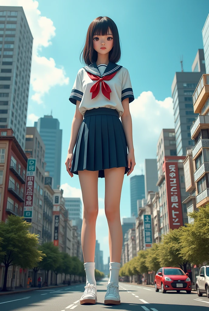 A high school girl standing with her arms folded on the arm of a crane、Black Hair、Bobcut、Japanese、Dynamic composition、Real。
