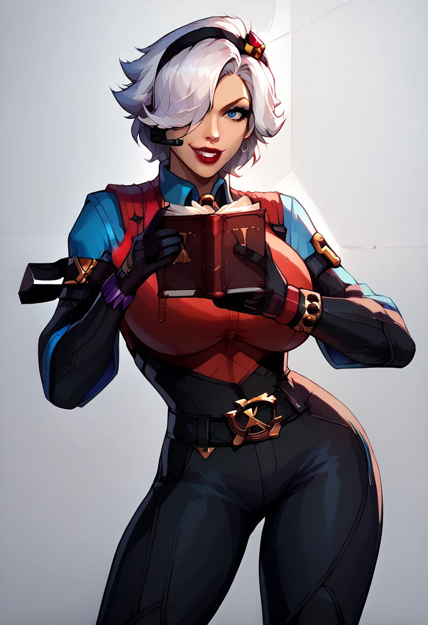 , colettedef, sharp teeth, smile, holding book, white hair, hair over one eye, black hairband, blue shirt, long sleeves, sleeves past fingers, red vest, purple pants, (huge breasts:1.0), sexy body
, blackwidow_rivals, red hair, asymmetrical hair, headset microphone, blue eyes, red lips, bodysuit, black bodysuit, gloves, black gloves, forearm guns, black clothes, sniper rifle, holding sniper rifle, huge weapon, posing,
, solo