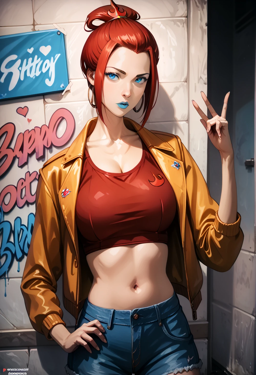 (best quality, ultra-detailed, photorealistic: 1.39), bright and vibrant colors, studio lighting, romantic expressionmasterpiece, big breasts, Azula, ((long pink+red-colored hair)) wearing a cap light blue eyes, has an extremely sexy body, with full breasts and a thin waist, and an extremely sexy body, in the HIP HOP style short denim jacket micro skirt delicate fabric, has a bold appearance. young, quality, realistic, best quality, cute expression, blue lipstick lips, parted lips, leaning over, graffiti wall, in the bedroom