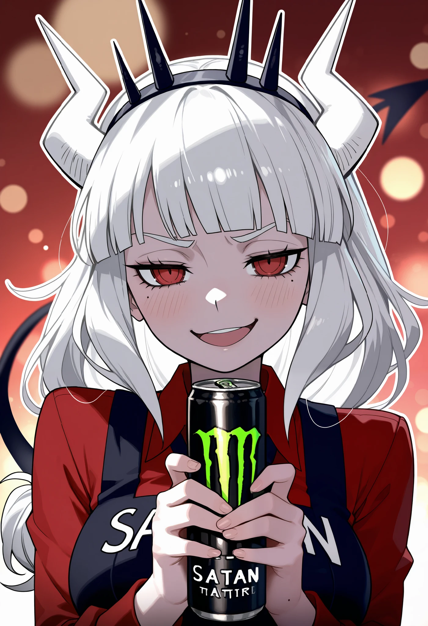 (masterpiece, best quality, high quality, highres, ultra-detailed), 1girl, lucifer (Helltaker), mole under eye, long hair, red eyes, blunt bangs, crown, white horns, demon horns, mature and calm, open mouth, upper body, demon tail, looking at viewer, simple bokeh background, beautiful lighting, bokeh, white outline skin, smug expression, holding monster energy drink, offering
