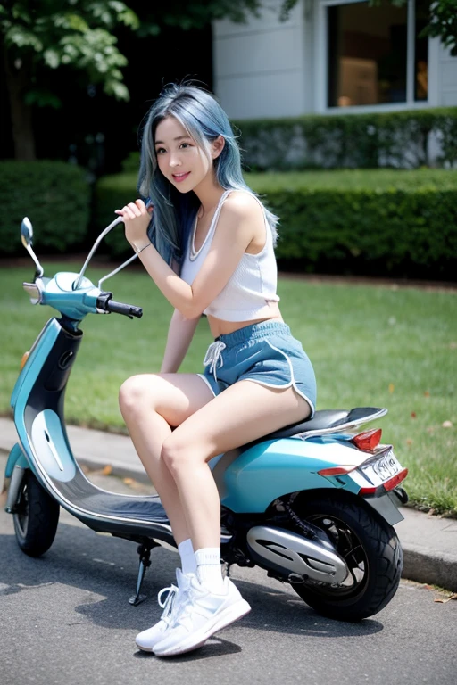 A gorgeous girl sits on a scooter on the beach. She wears her long black ones as two braids. She wears a black crop top and a knee-length skirt. She smiles seductively into the camera. --auto --s2