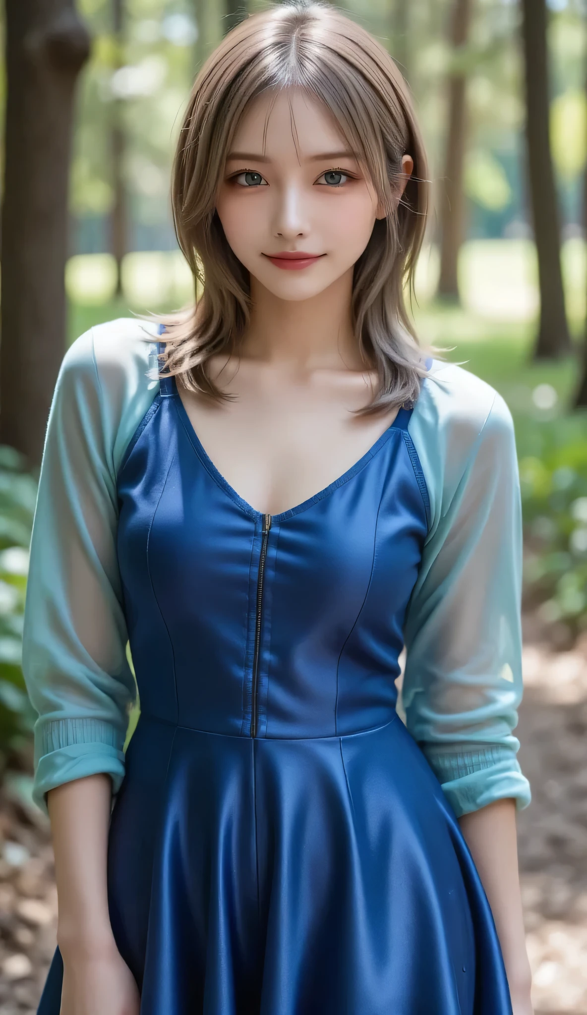 masterpiece, Front view, Cute Japanese aristocratic woman, (輝くBrown Hair, Straight length Hair), ((Tunic)), Very cute face, Glossy Lips, Double eyelids on both eyes, Natural Makeup, Brown Hair, Asymmetrical bangs, High resolution, Attention to detail, Detailed hairstyle, Detailed face, Octane Rendering, Ultra-realistic, Perfect limbs, ((Black Choker)), blue eyes, (Quite big breasts), ((The body is slim:1.5)), Cool Beauty, ((Slim face)), smile, Mature Woman, Browsing Caution:-1.2, length, bushy eyelashes, (Cleavage), ((Mountain、stream)), Water Play, Bathing