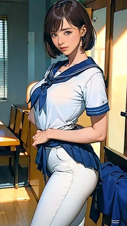 1girl,masterpiece,beautiful,realistic,(super huge fake breast:1.5),Wearing a (( Student uniform)) wear, (W cup Breast),standing,photoshoot,facing forward,looking at the audience,smiling,sit up straight,behind the girl there is nothing, Cover Book JAV, long black hair