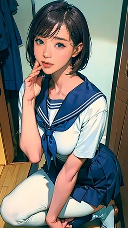 (((masterpiece, Highest quality, High resolution, 超High resolution, Pixel Perfect, Written boundary depth, 4K, RTTX10.0))), Beautiful Anime Woman, Beautiful art style, Anime characters, ((Smooth texture, Realistic texture, Anime CG style)), Exact finger count、Exact number of legs、(Exact number of arms:1.0, Exact number of hands:1.0), (Perfect hands, Perfect Anatomy), Cinematic, Realistic, Extremely detailed CG, Daytime lighting, Perfect lighting, Best Shadow, The best natural light, whole body, Perfect body, バランのとれたPerfect body, Perfectly balanced style, Slender body, ((Long Hair, bangs, Reddish brown hair, Stylish bob cut)), ((Grab your chest with both hands:1.8)), ((Sailor Suit Tops, Sailor collar, White shirt, Navy pleated mini skirt:1.3), (beautiful and big breasts:1), (Very embarrassed look:1.5), blush, (School classroom, Desk and chair in the background:1.3), Angle from the front, (Blue lace panties:1.2)、((Spread your legs wide and show me your panties))Wear glasses、Serious schoolgirl、Shen