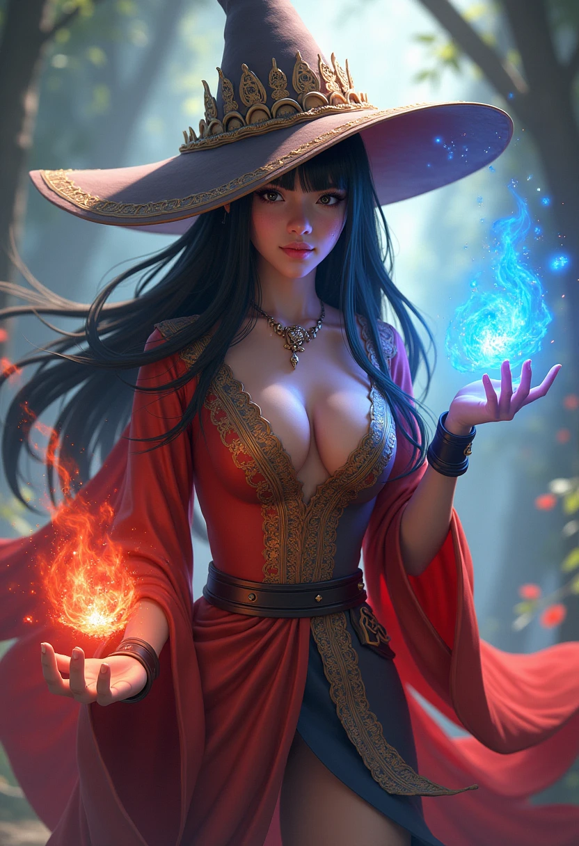 8K,((highest quality)), ((table top)), ((realistic)), Celtic witch with very big breasts,sexy witch, artistic anatomical hand, fine art anatomy, shining blue eyes, woman&#39;s face, , Trending at Art Station, sharp focus, studio photography, intricate details, very detailed, fine eyes, figure, very detailed, Red and Black 魔女 Costume,sharp focus, digital rendering, Professional, beautiful expression,超A high resolution,super realistic skin,Colorful effect of the magic circle behind you,in the forest,Super beautiful(like the real thing),battle scene,action pose,view audience,grim expression,dynamic pose,fighting pose,very big white magic circle,Geometric pattern,Bust shot close-up,