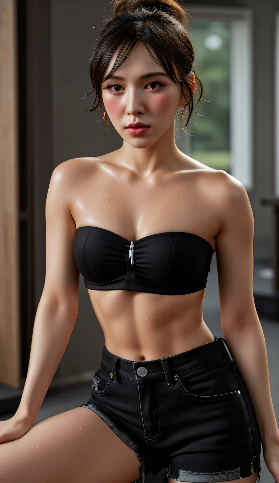  a 25-year-old woman,  sits front facing, whole body visible, thick dark black lips,  using black strapless bikini top, black denim pants , sweating a lot, very detailed image quality 