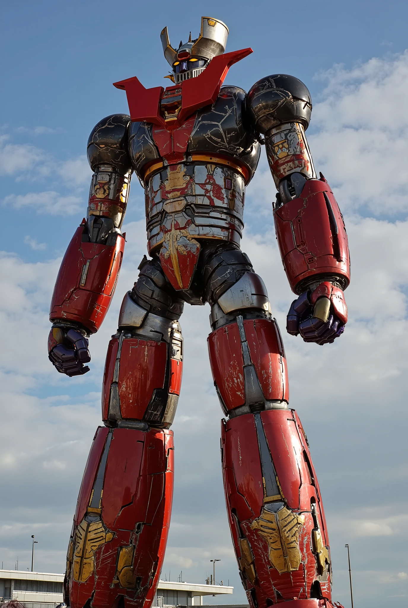 Great Heroes 、 made with the latest materials, a very realistic version of the giant Mazinger Z , towering 100 meters ahead . Stand 100 meters higher in elevation with a small head and a , fighting position, just like a real one , Standing 100 meters above elevation in a , , carefully recreated {x} LED light illuminated with natural light