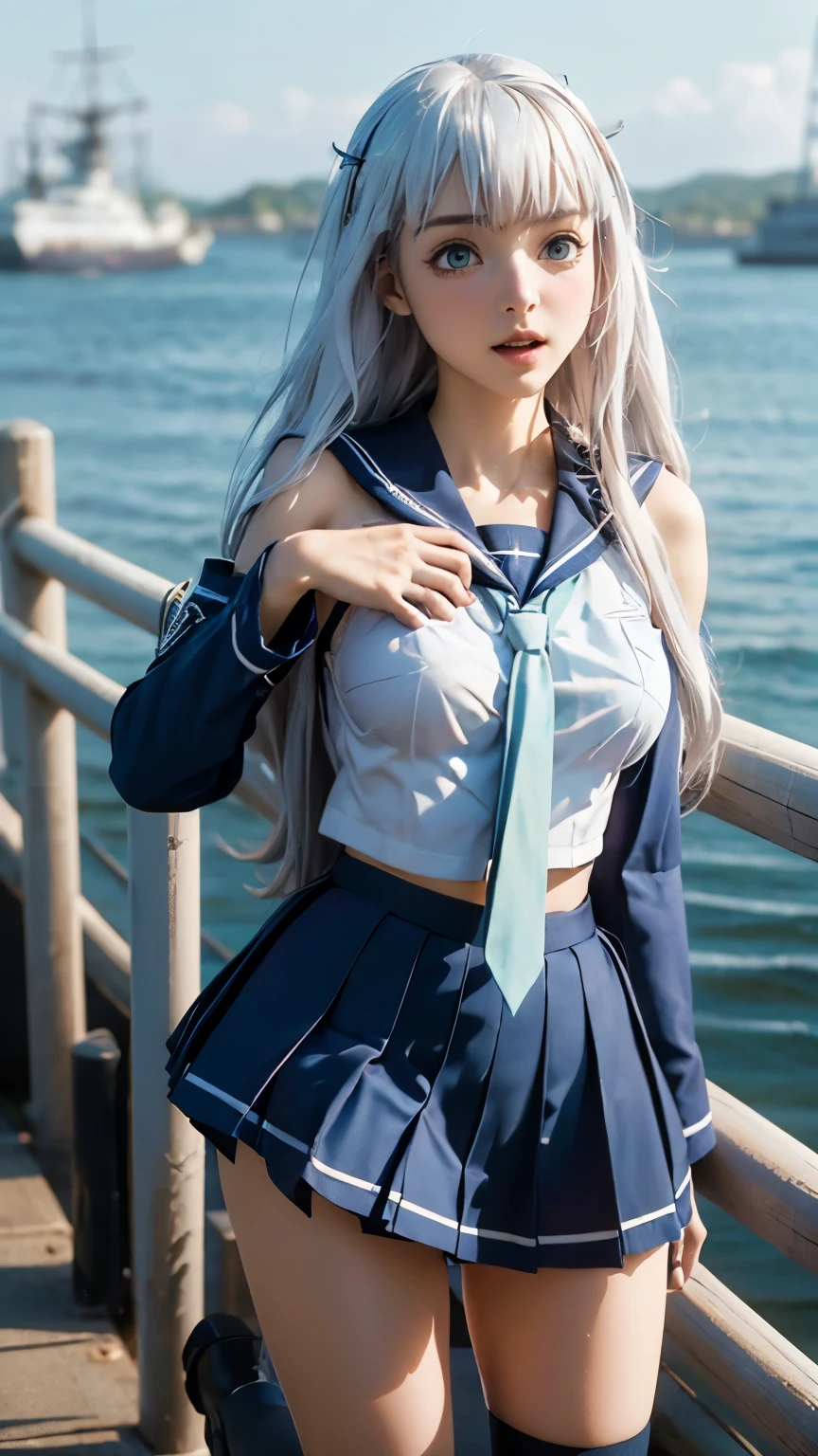 Landscape of a very beautiful 1girl, (((face exposed)))!!!, (cowboy shot), (((front focus))), (((background Blurry))), Bokeh, lens flare, photography with Fujifilm XT3, depth of field, film grain, female focus, BREAK, Iona/(Aoki Hagane no Arpeggio Ars Nova/), anime style, (((standing up at the end of a long pier)))!!!, ((Naval Base))!!!, ((((military ships))))!!!, (seagulls in the blue sky_blue sea at back), (looks at the audience with beautiful green iris like topaz)!, Ultra detailed eyes, ((Beautiful light green pupil's eyes like topaz :1.40))!!, Stars in her fixed eyes, (homochromatic eyes)!!!, happy smile, open mouth, long sleevemouth, (thin fresh peach lips)!, (Blush)!, (((blush face)))!!!, Perfect nose, Cute little nose, beatiful face, Face Clean, realistic Skin, hyper realistic, Perfect eyebrow appear through white hair, white hair bob pony, white hair bangs bob, white hair between eyes, (ultra shine white hair)!!, ((long straight white hair))!!, ((dynamic composition)), BREAK, detached sleeves, bare shoulders, /(((wear original costume of iona from Aoki Hagane no Arpeggio Ars Nova/)))!!!, (((dark blue school uniform_dark blue sailor collar_Red Tie_white line accent)))!!!, ((((dark blue elbow groove_bell sleeves)))!!!, (((dark blue pleated skirt_Black Tight boyshort panties inside)))!!!, medium breasts, ((medium breast cleavage))!!, slim legs, ((open skirt))!!, ((open smooth thigh))!!, ((white socks))!!, (boots shoe)!, vivid color clothes, detailed realistic clothes, BREAK, Best Quality, Masterpiece, Ultra-detailed, Beautiful, hight resolution, Original, CG 8K, perfect photo, dramatic  lighting, Beautiful lighting, (((Realistic fantasy art)))!!!, Realistic, Full HD, Best Quality, award winning, (8k wallpaper of extremely detailed CG unit), High Details, sharp-focus, The art of dramatic and photorealistic painting, ((at the end of long pier bridge in naval base)), dynamic composition, breathtaking rendering, strong color, deep shadow