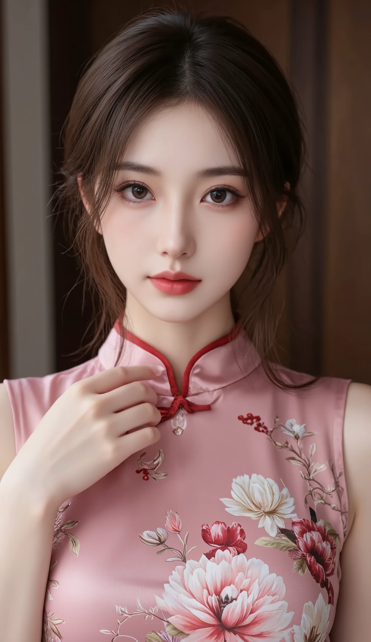 (realism, Realistic, Photorealistic), (Photo realistic), female, (masterpiece, highest quality, Best image quality, Super sophisticated, Ultra-detailed, Ultra-realistic faces, RAW Photos, Realistic, Hyper Detail, Further details, Detailed face, Detailed Eyes, Detailed Background, Highly detailed face and skin texture), Slim body, Incredible big breasts:1.2, Absurd, Upper Body, (Chinese dress:1.5), Look at the viewer, photo shoot, Ultra-high performance shooting, smile